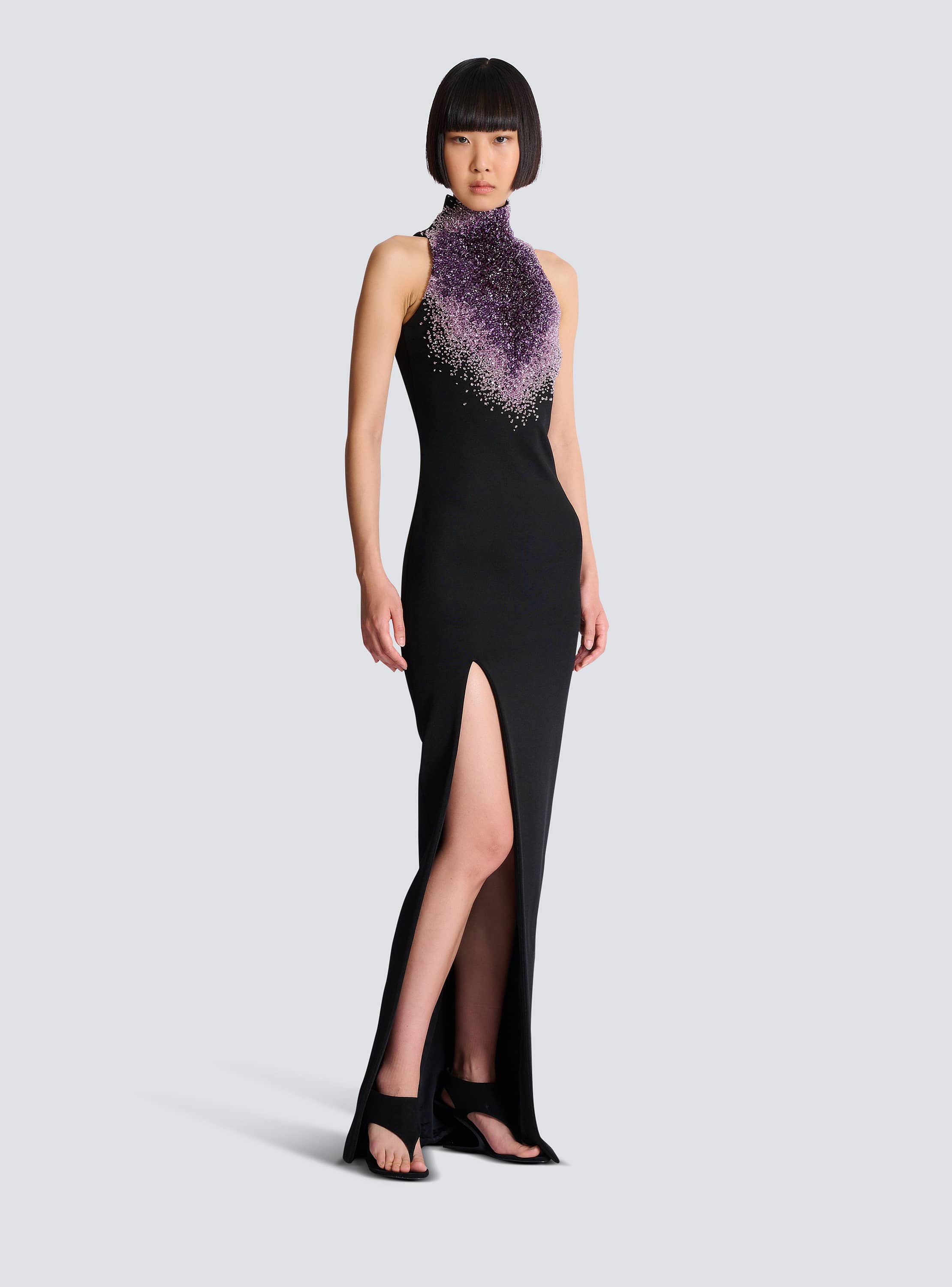 Milano jersey halterneck dress with Amethyst embroidery