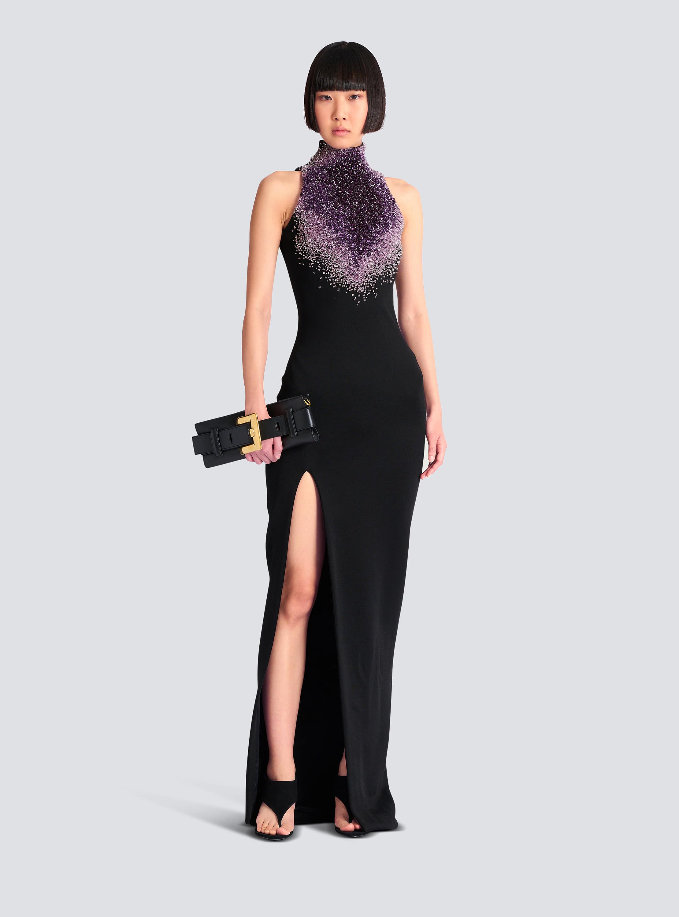 Milano jersey halterneck dress with Amethyst embroidery
