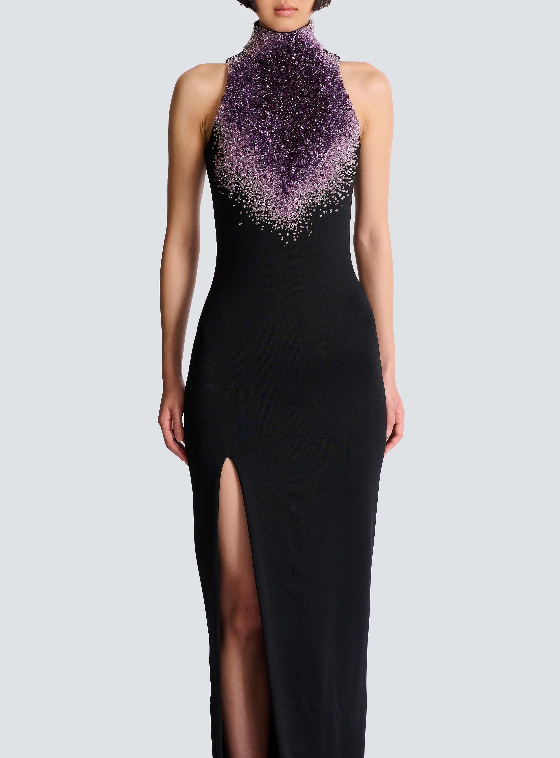 Milano jersey halterneck dress with Amethyst embroidery