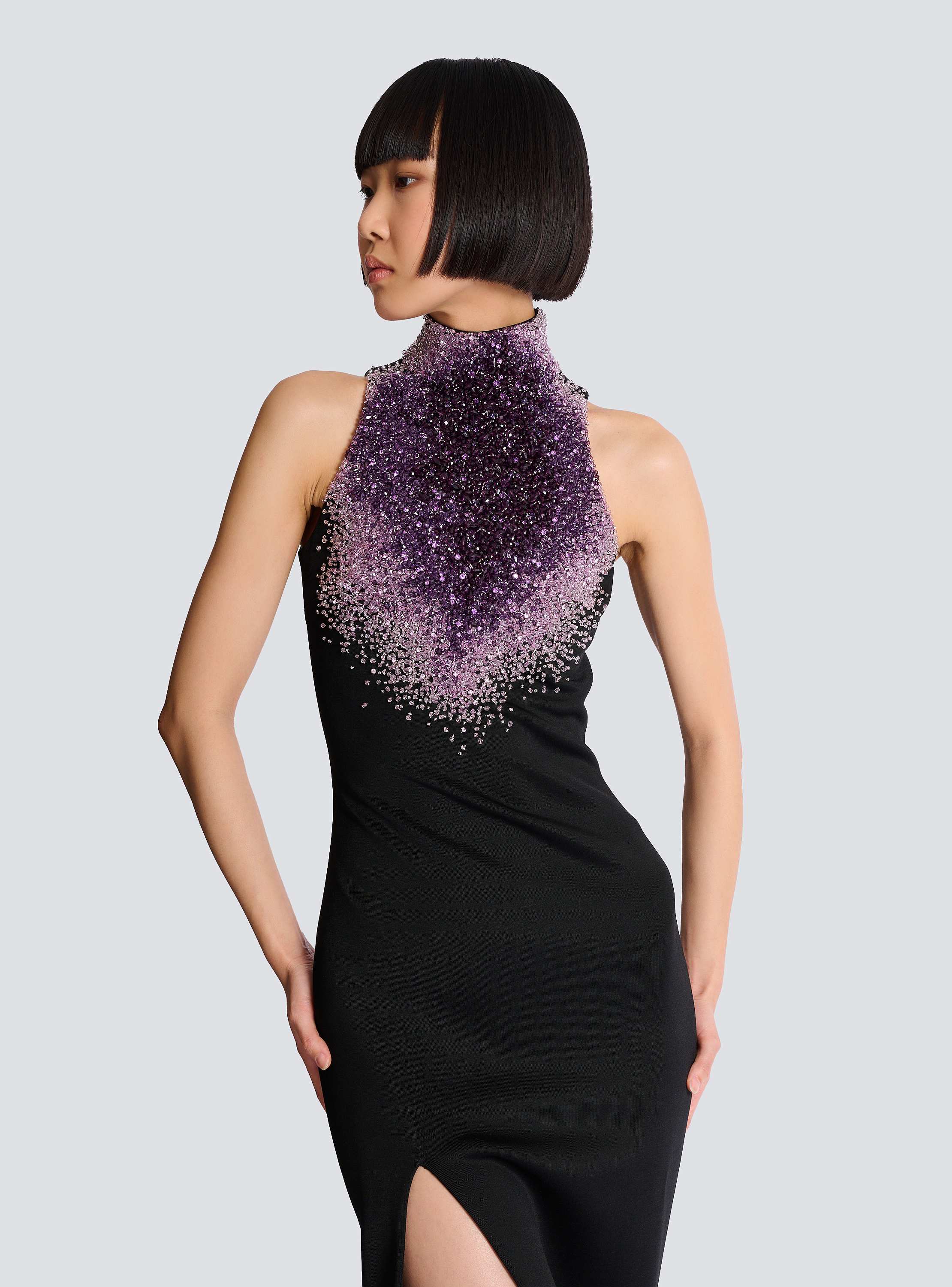 Milano jersey halterneck dress with Amethyst embroidery