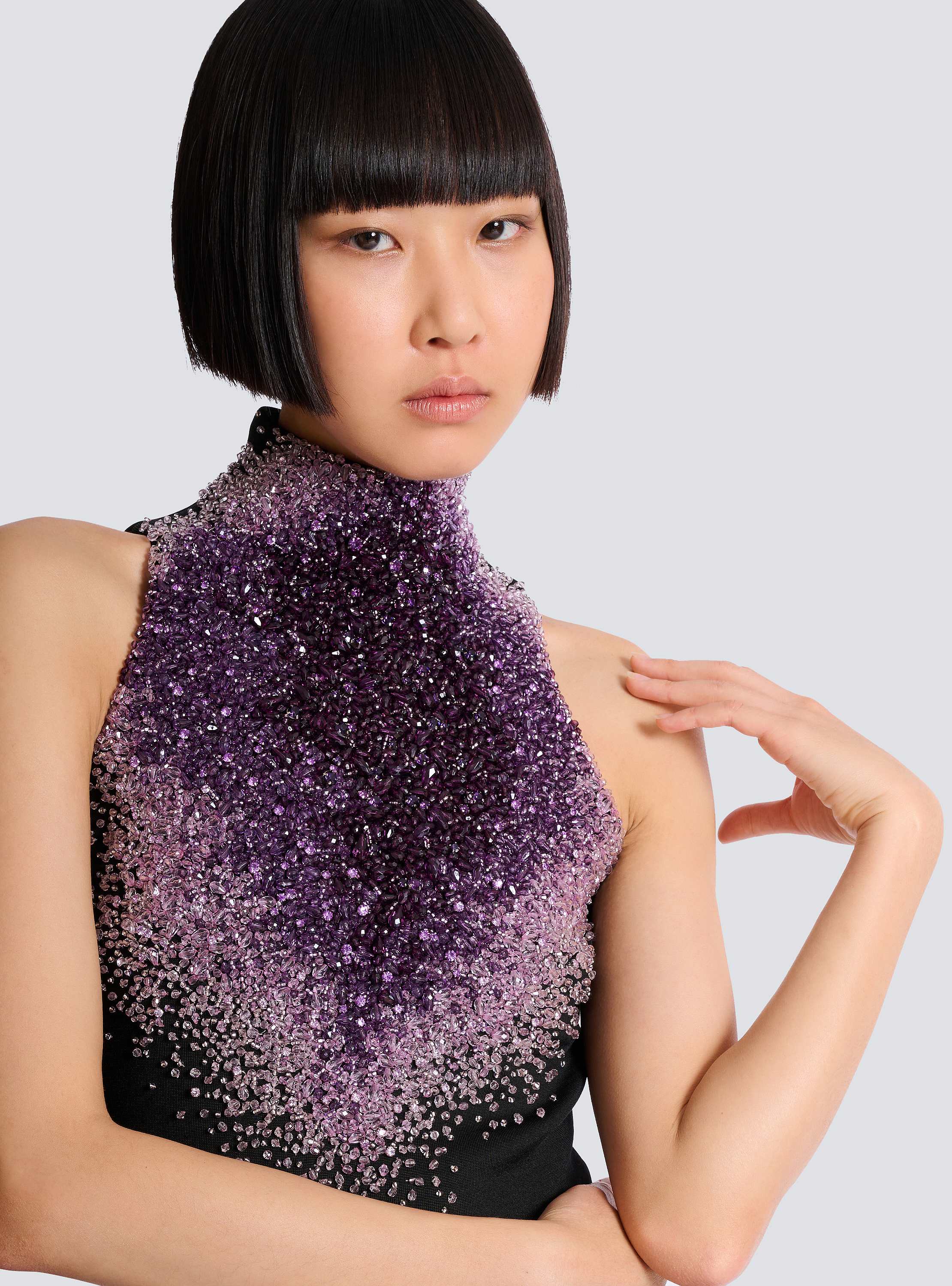 Milano jersey halterneck dress with Amethyst embroidery