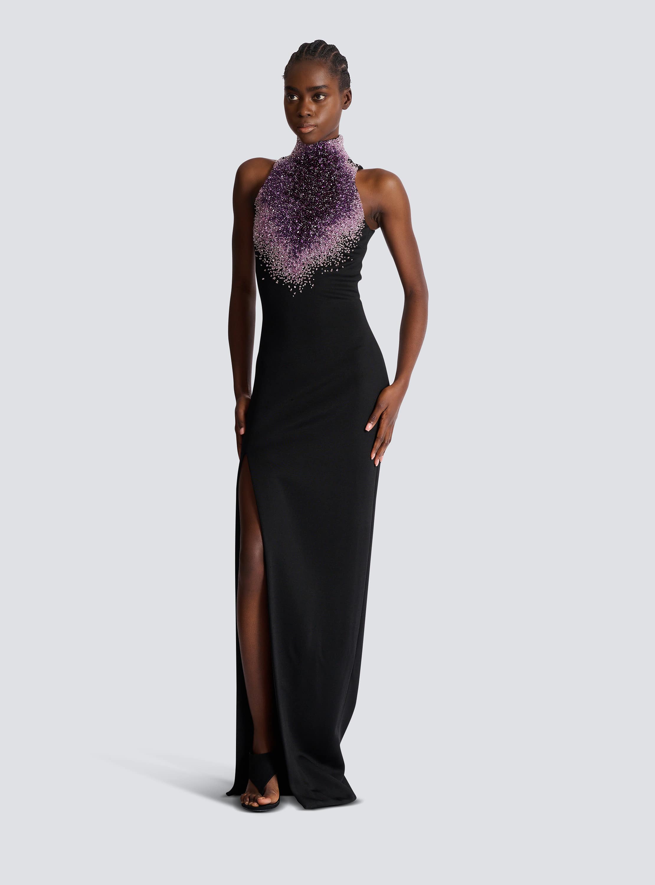 Milano jersey halterneck dress with Amethyst embroidery