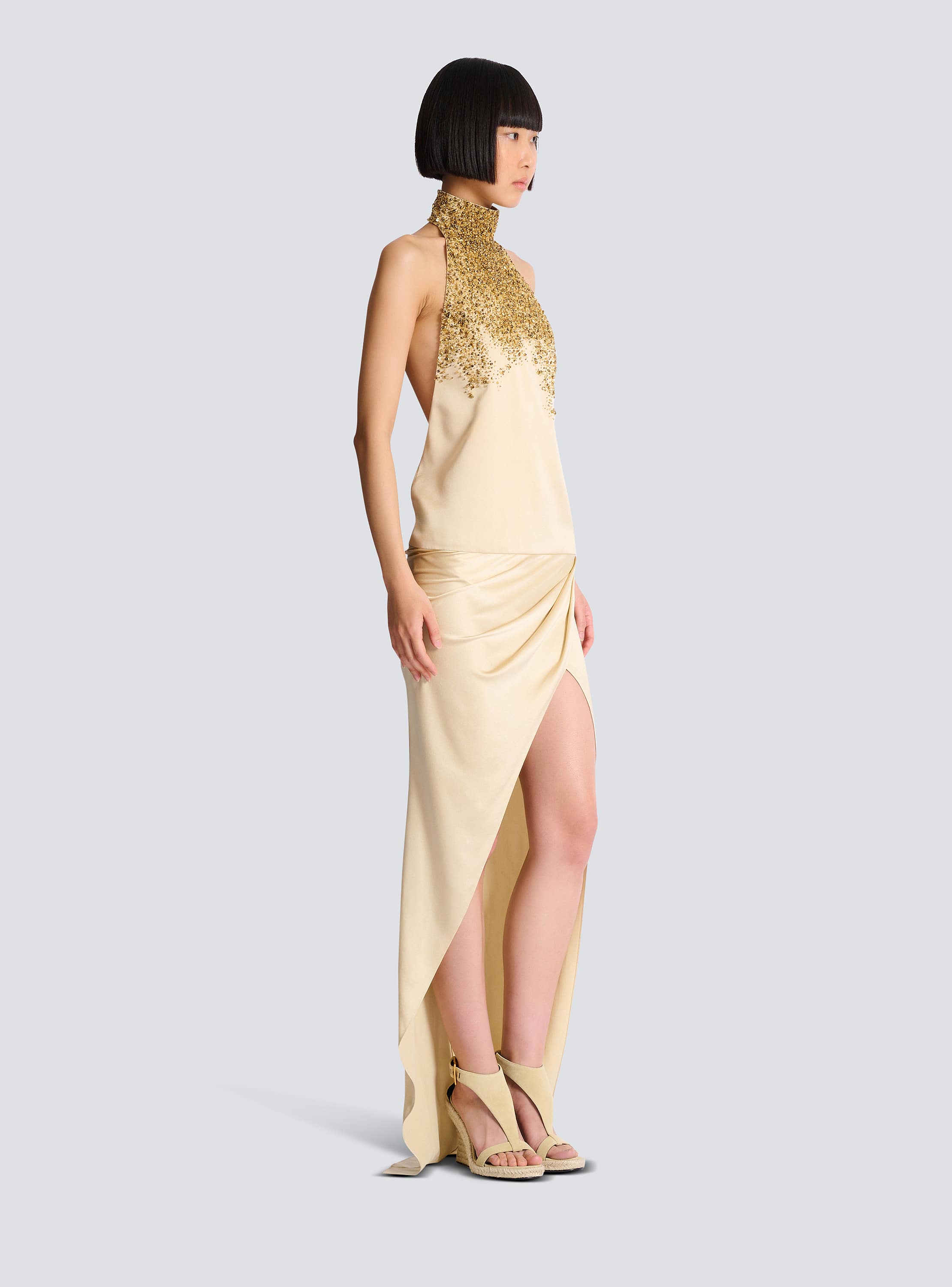 Silk halterneck dress with Sand Effect embroidery