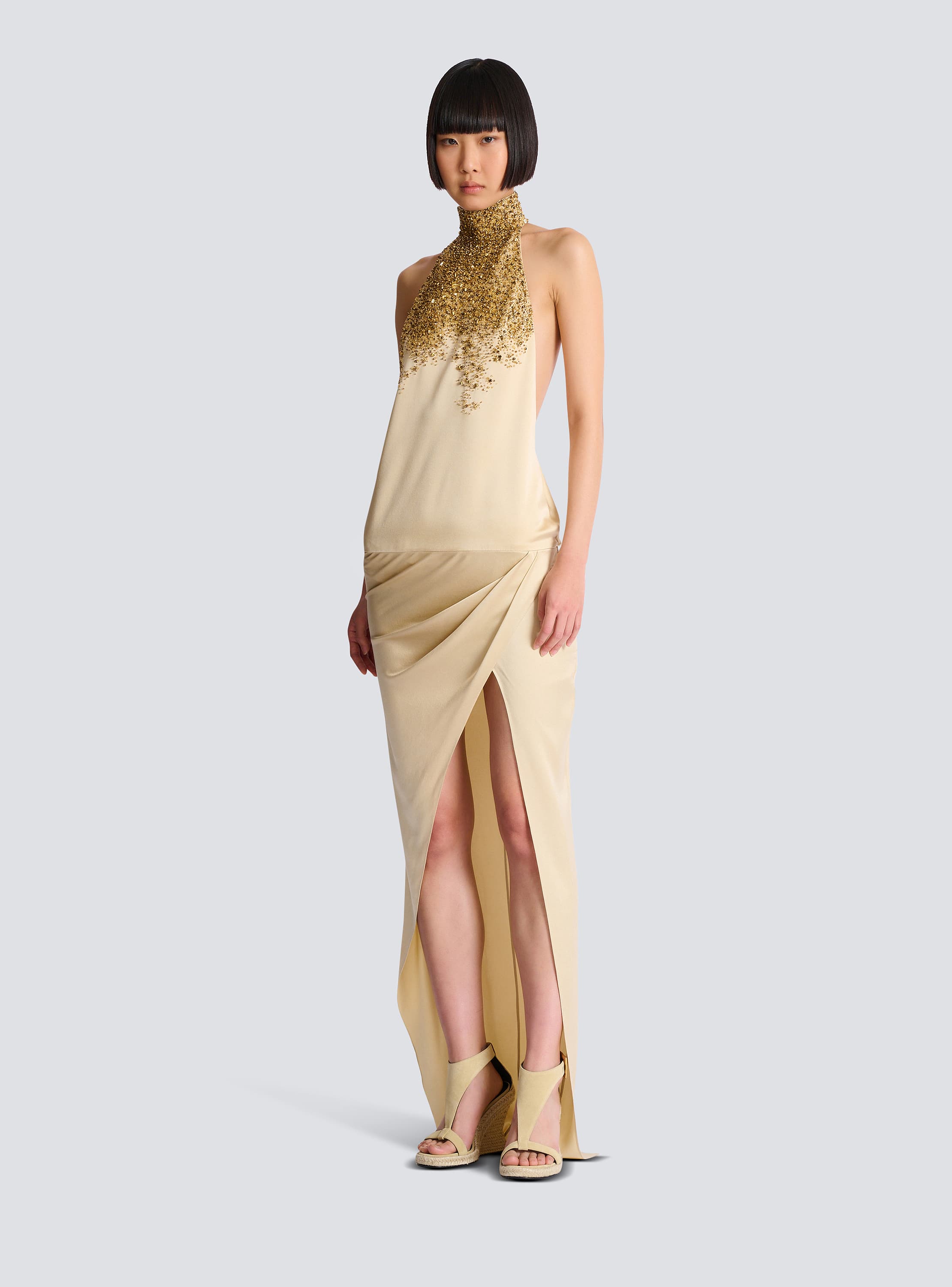 Silk halterneck dress with Sand Effect embroidery