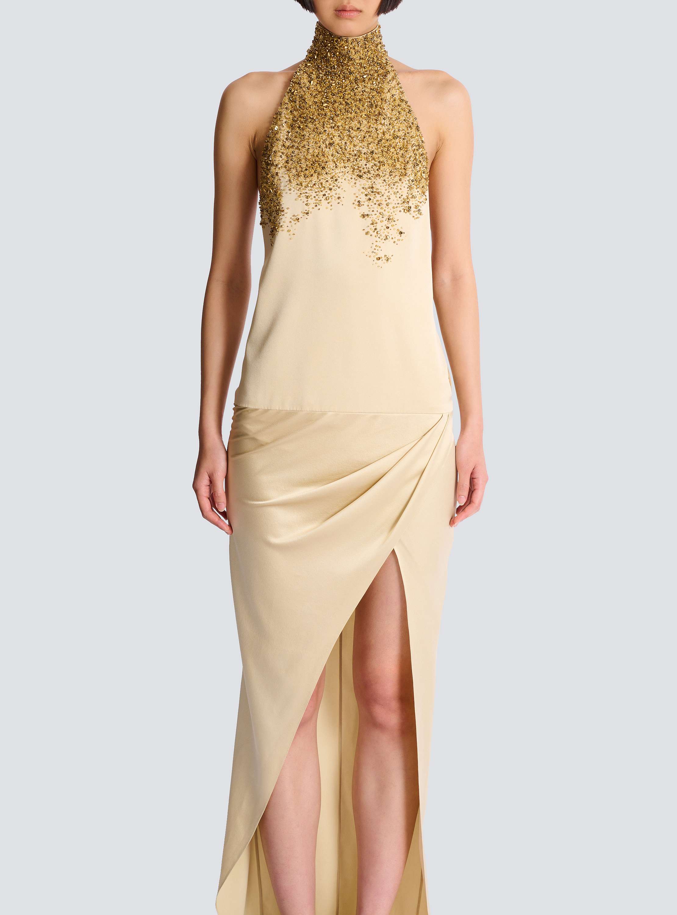 Silk halterneck dress with Sand Effect embroidery