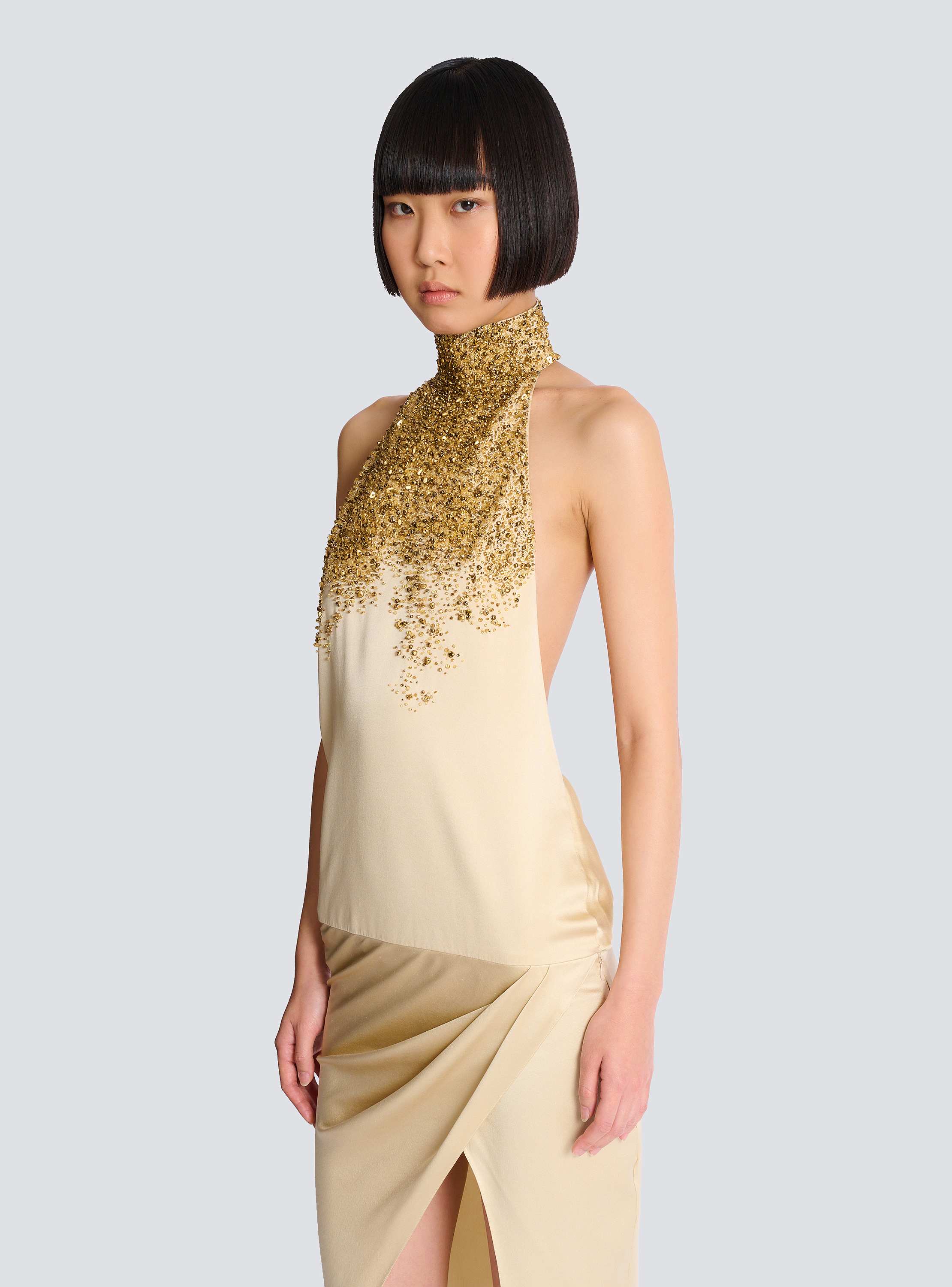 Silk halterneck dress with Sand Effect embroidery