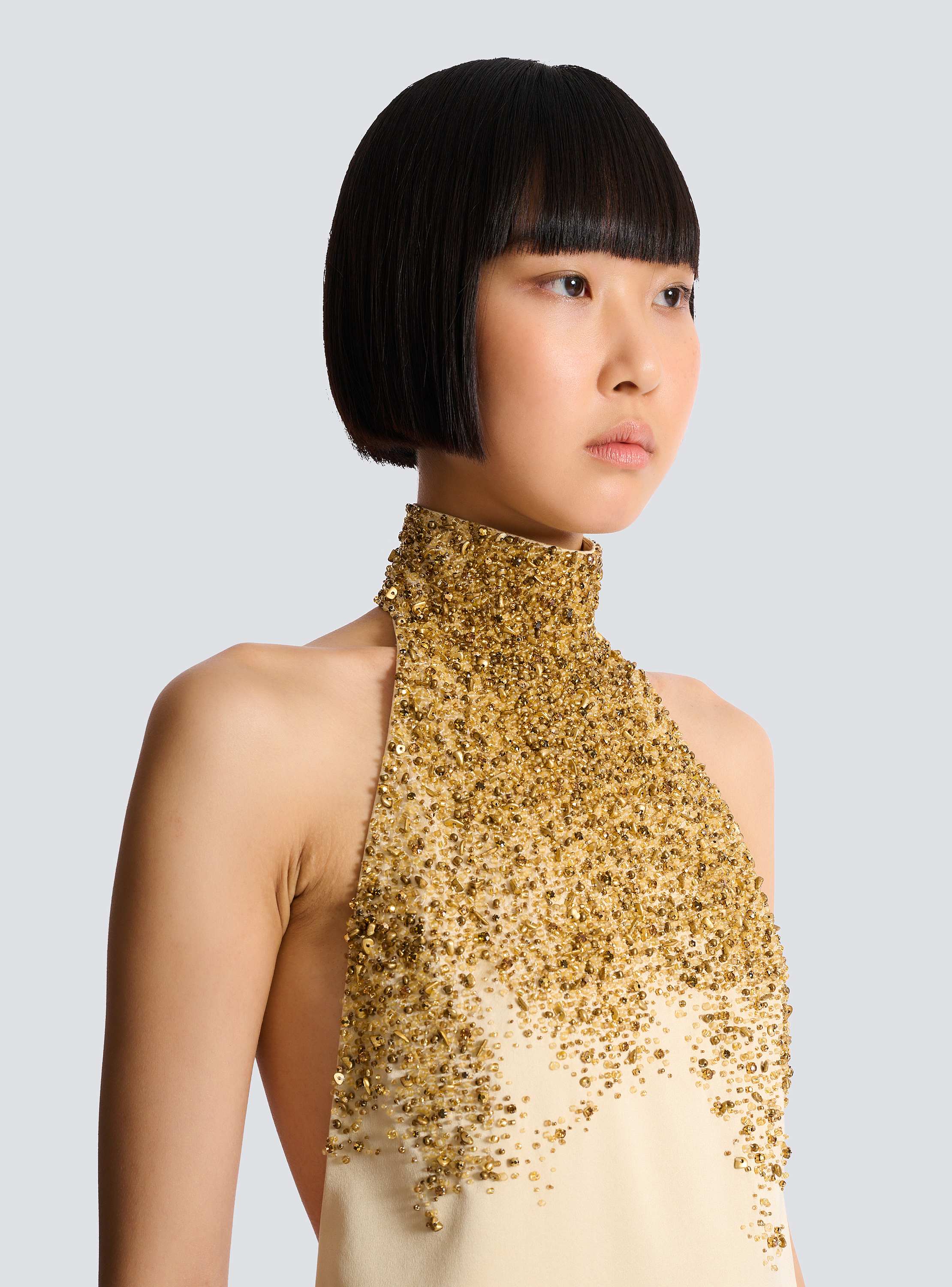 Silk halterneck dress with Sand Effect embroidery