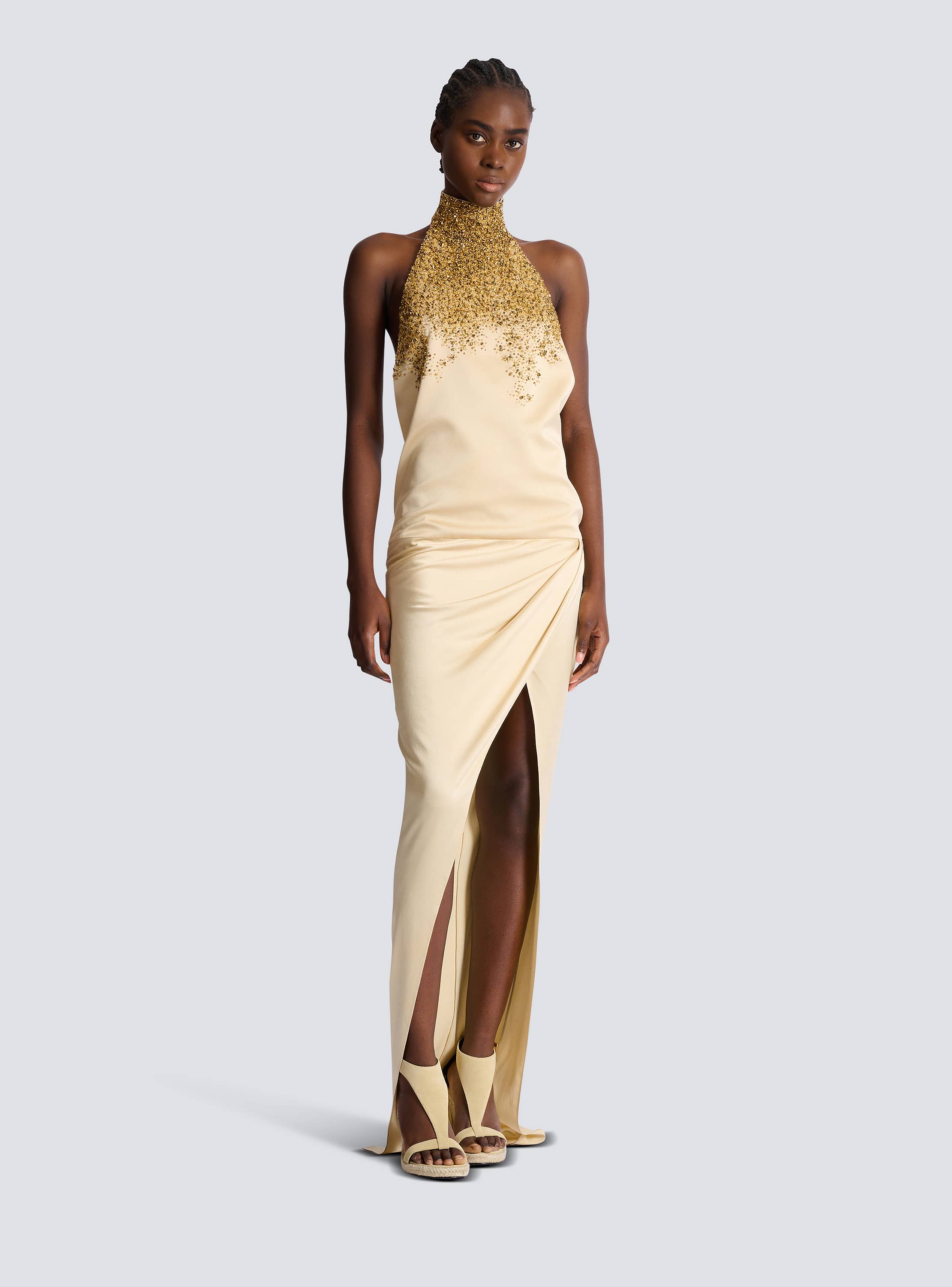 Silk halterneck dress with Sand Effect embroidery