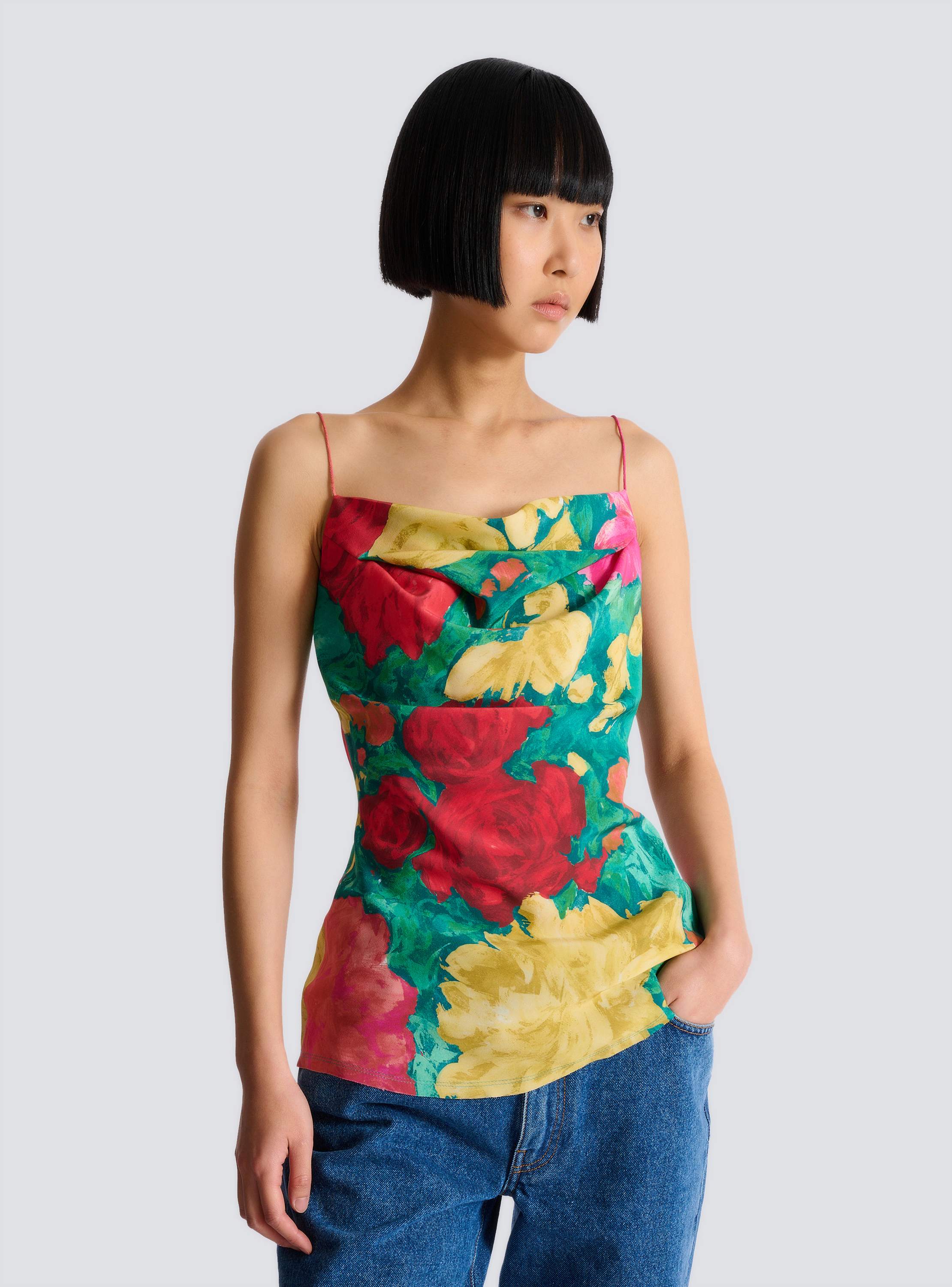 Printed crepe de Chine top with thin straps
