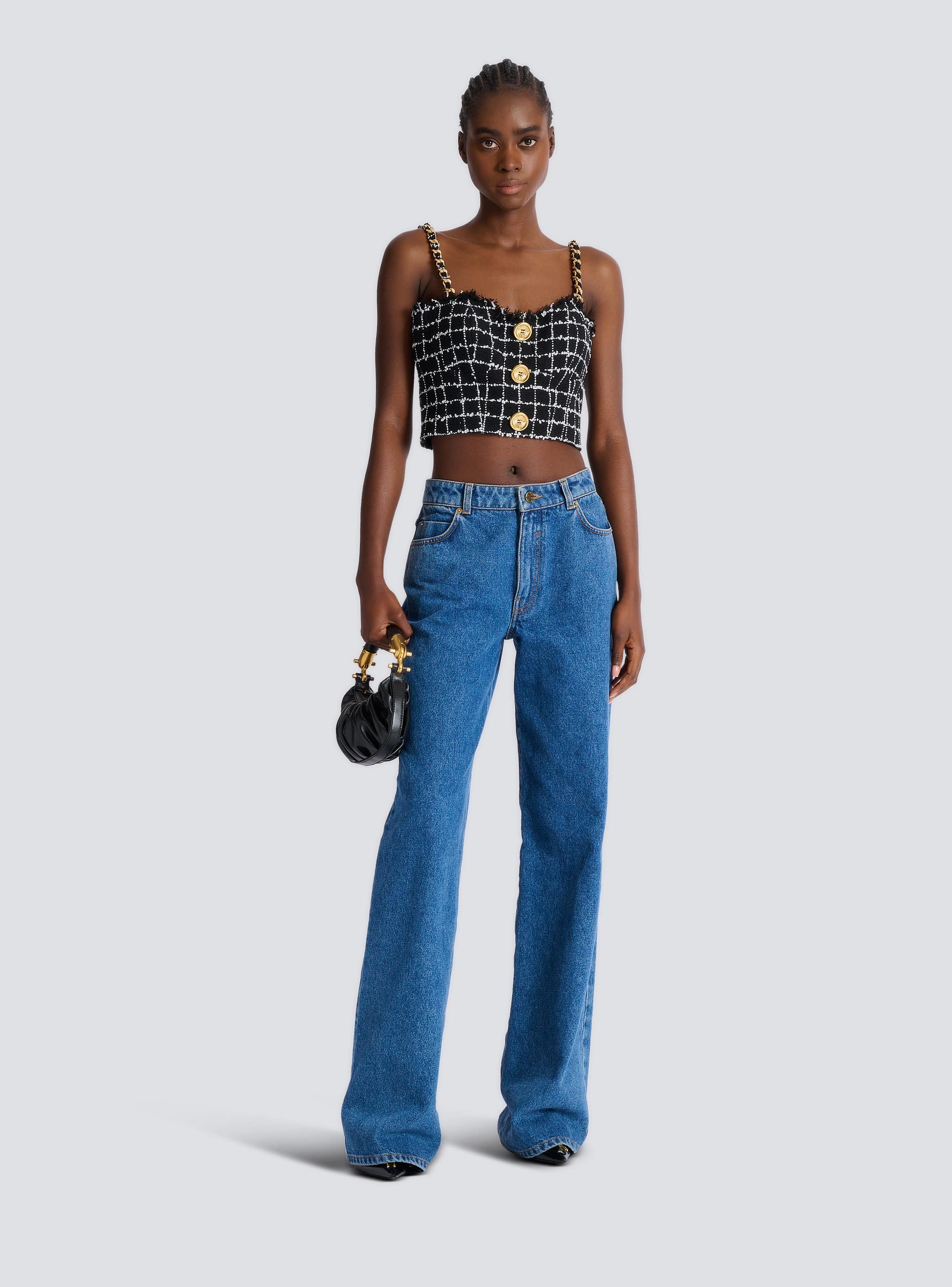 Tweed top with chain straps and buttons