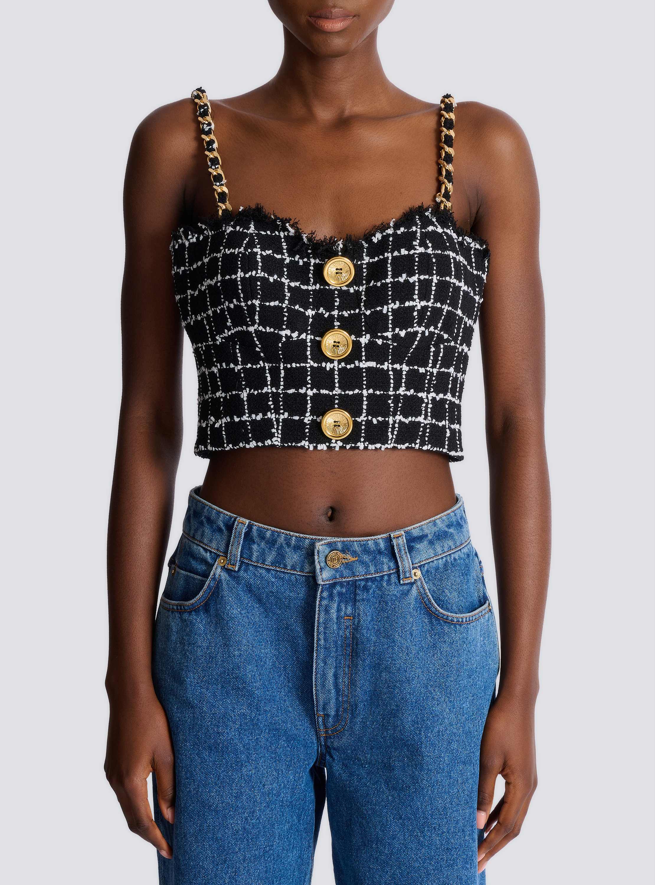 Tweed top with chain straps and buttons