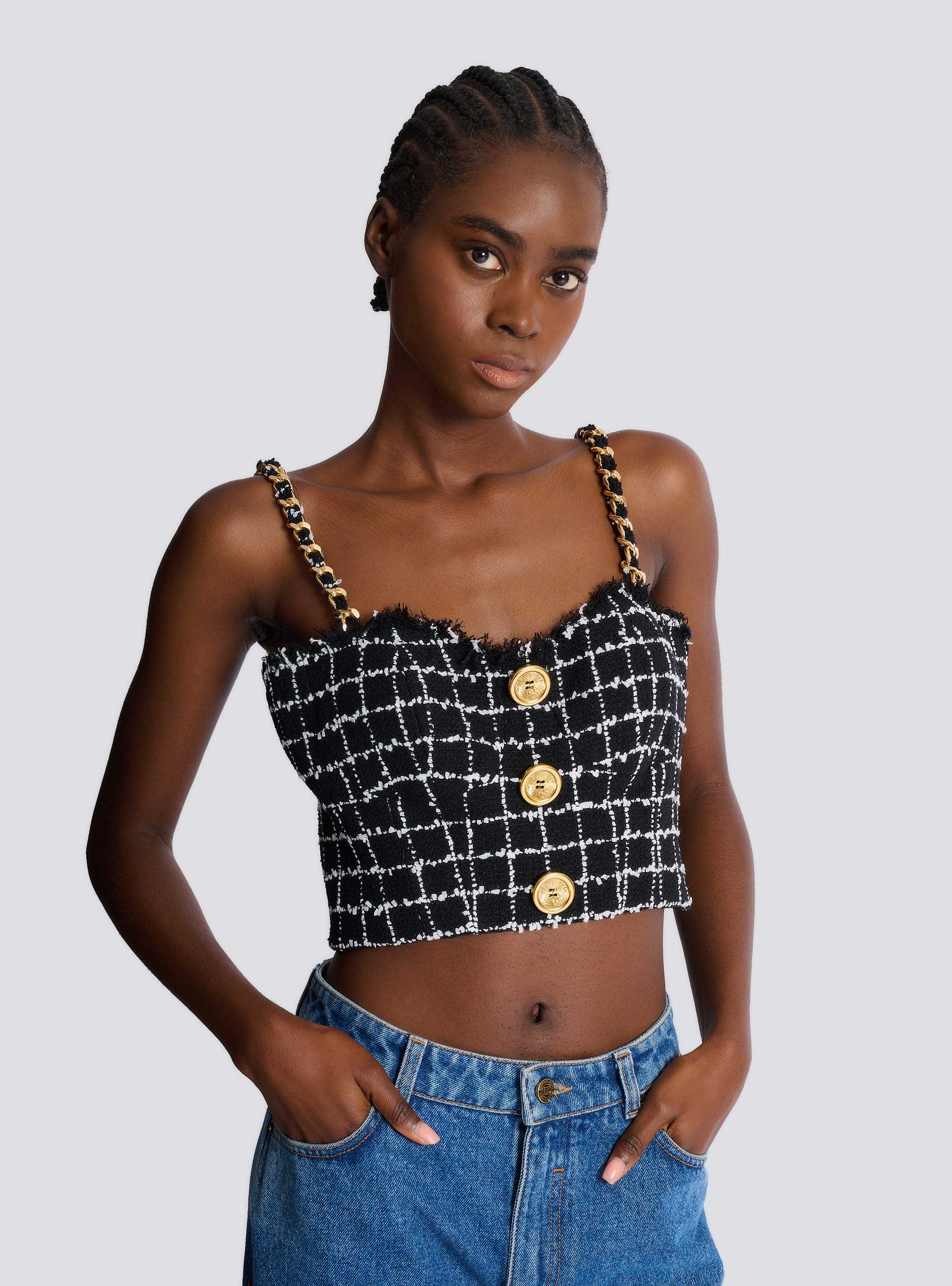 Tweed top with chain straps and buttons