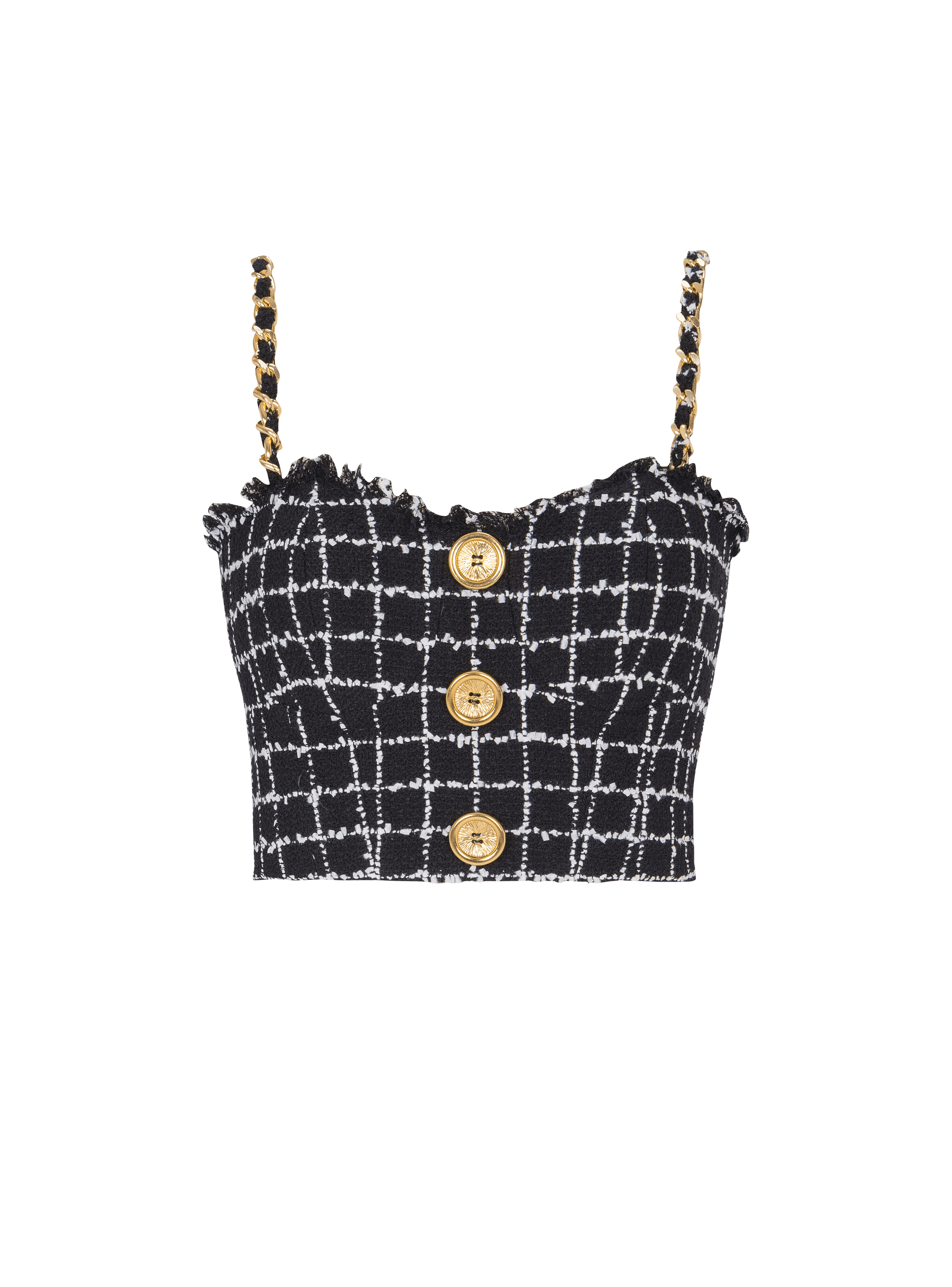 Tweed top with chain straps and buttons