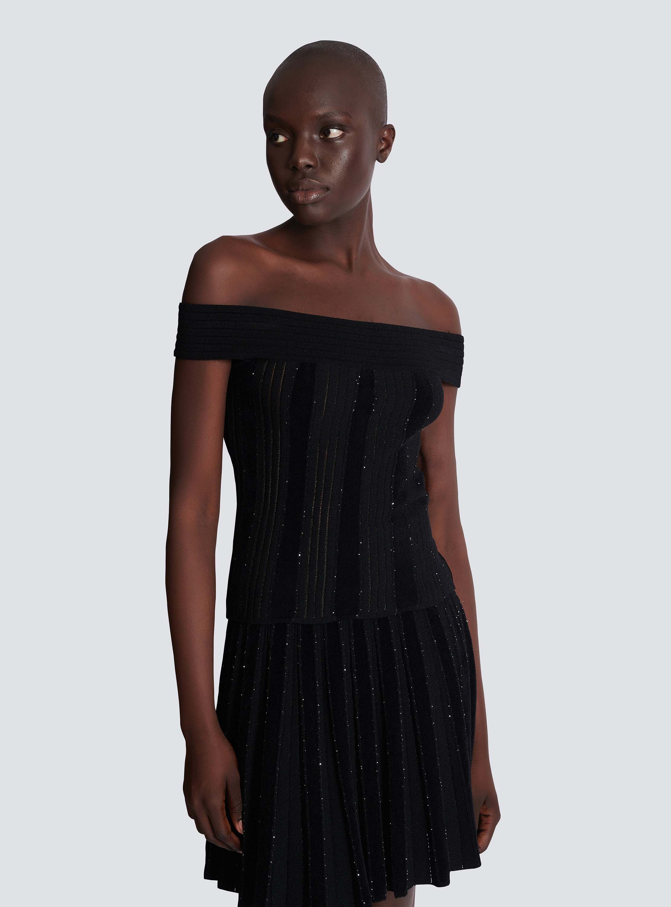 Off-the-shoulder glitter knit top