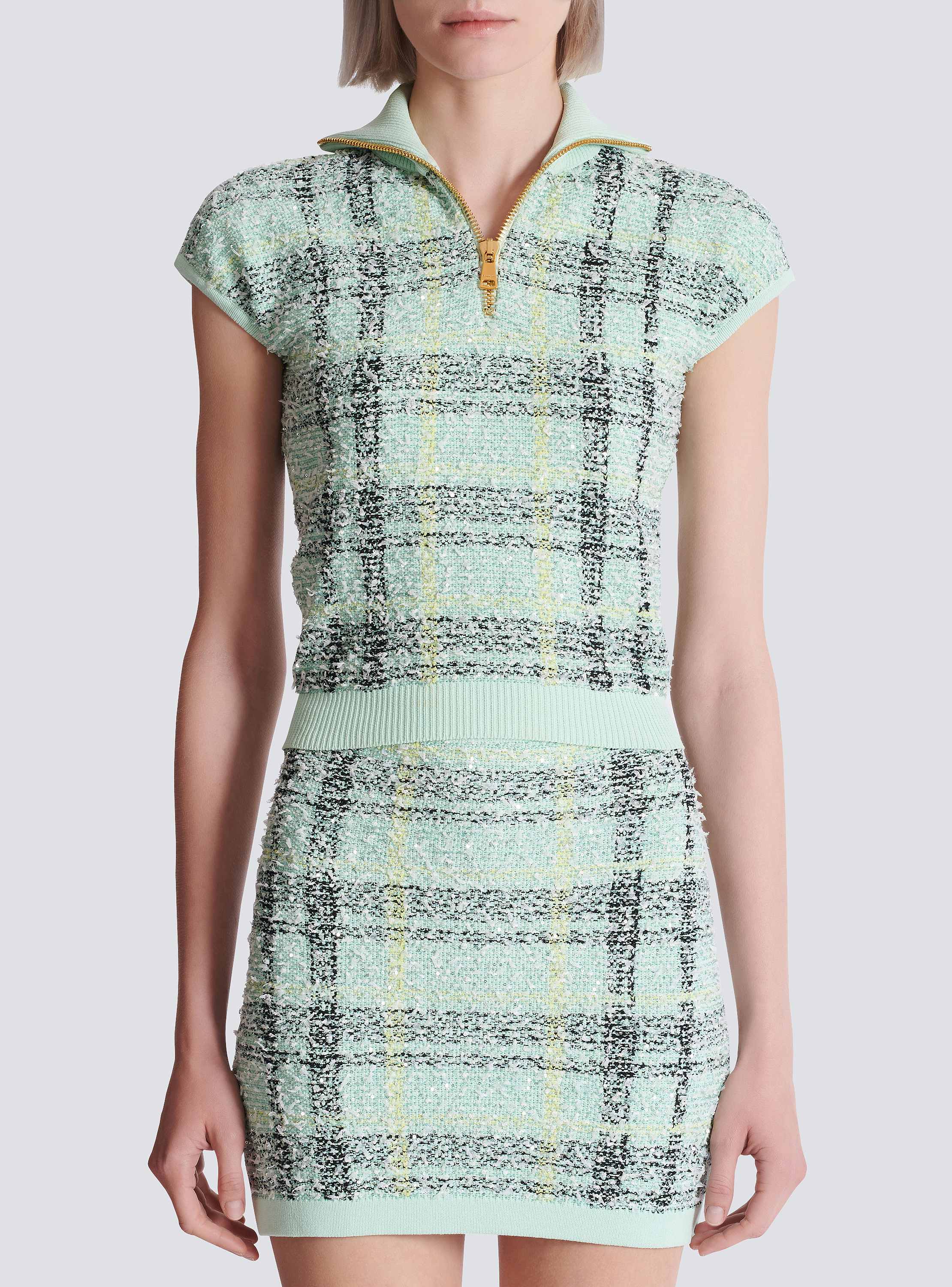 Sleeveless plaid tweed top