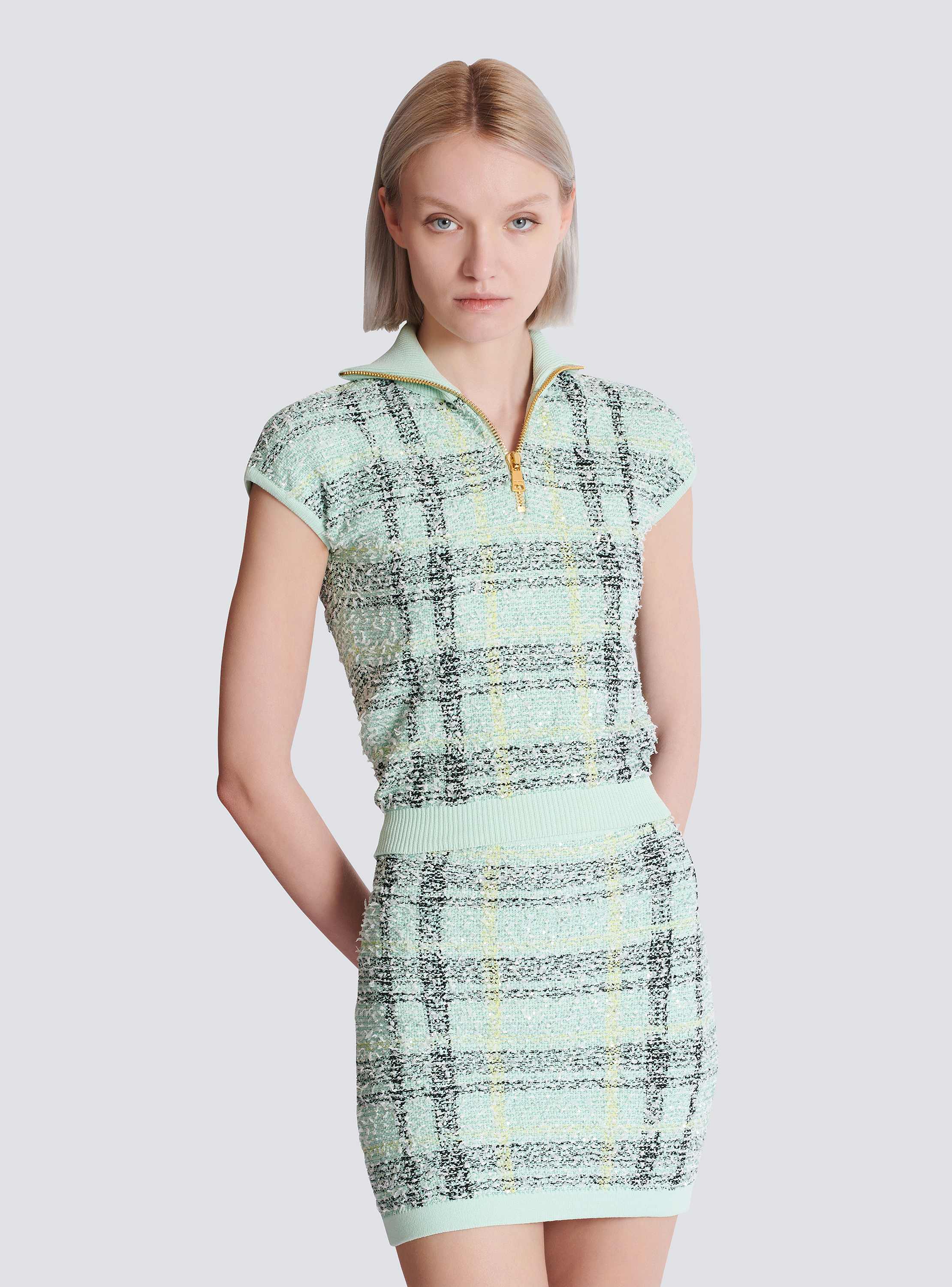 Sleeveless plaid tweed top