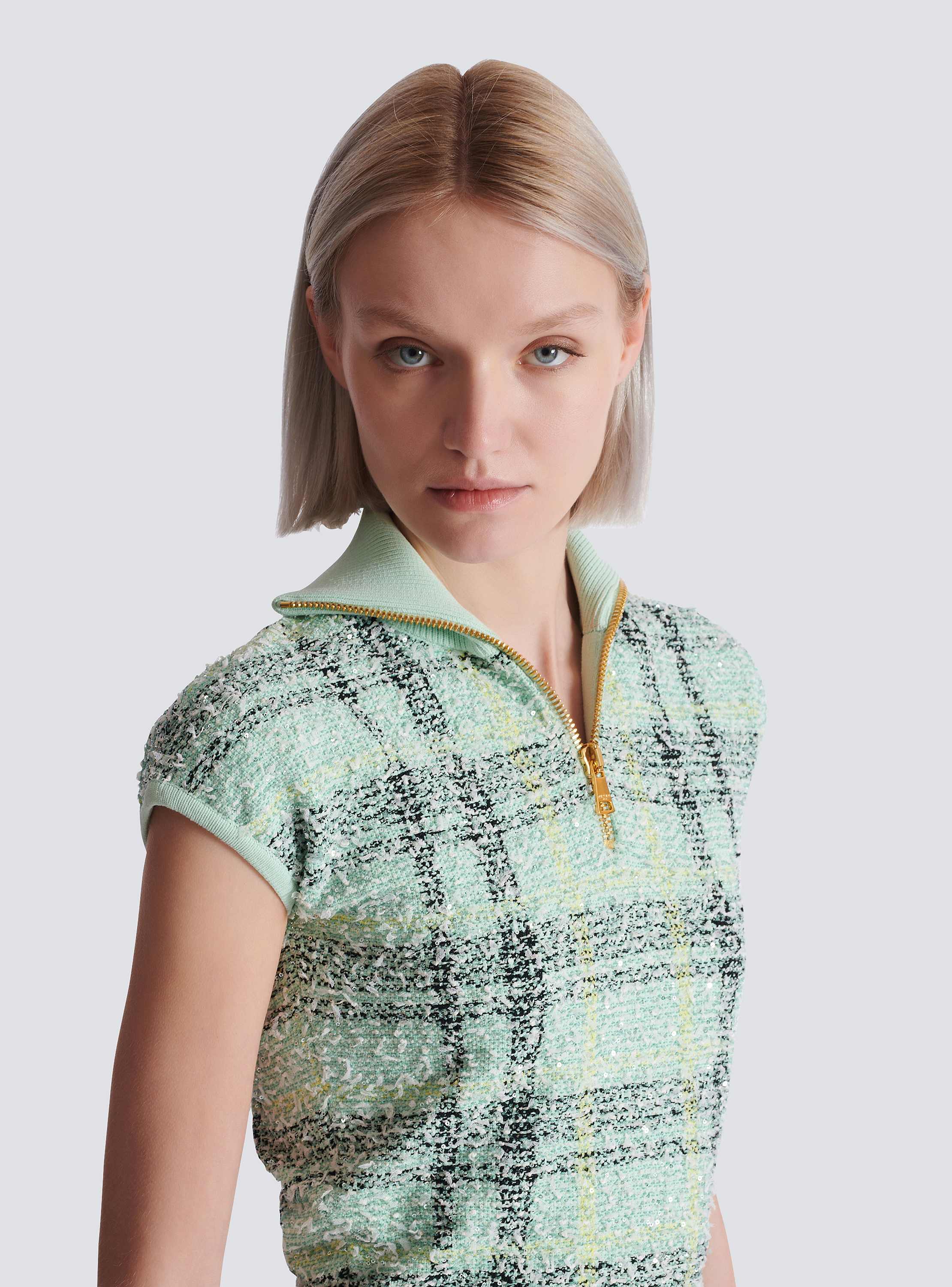 Sleeveless plaid tweed top