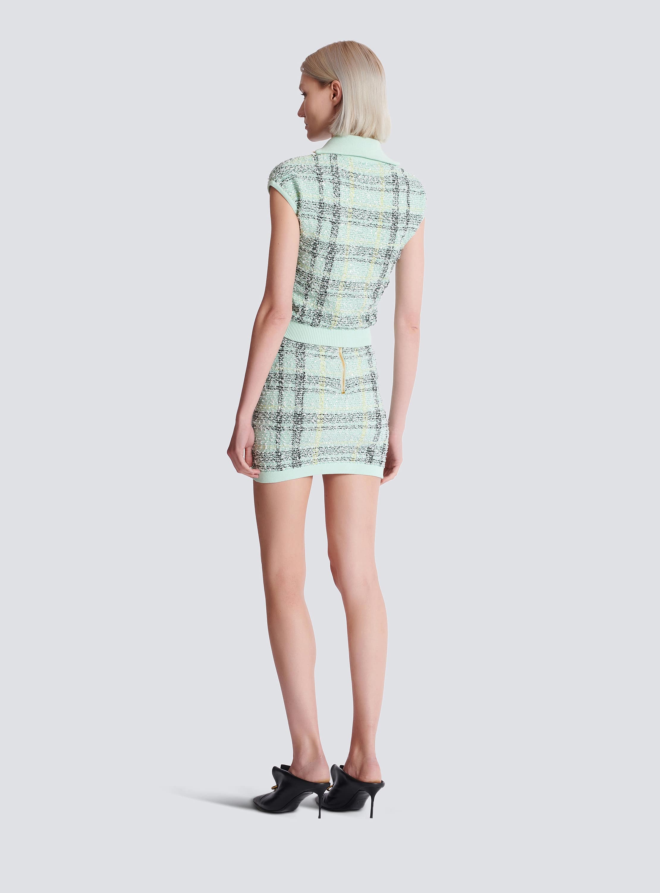 Sleeveless plaid tweed top