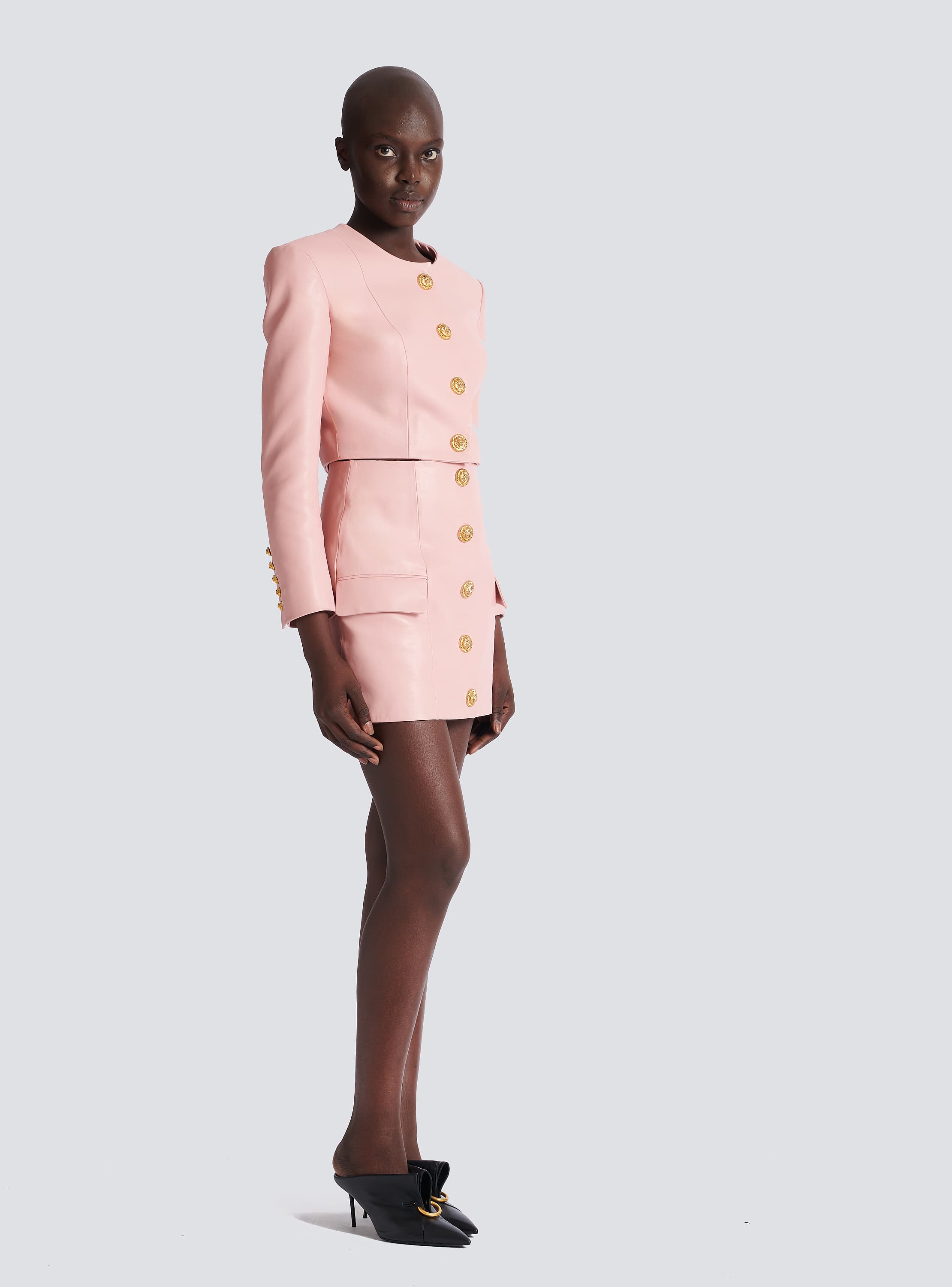 Short lambskin skirt with buttons