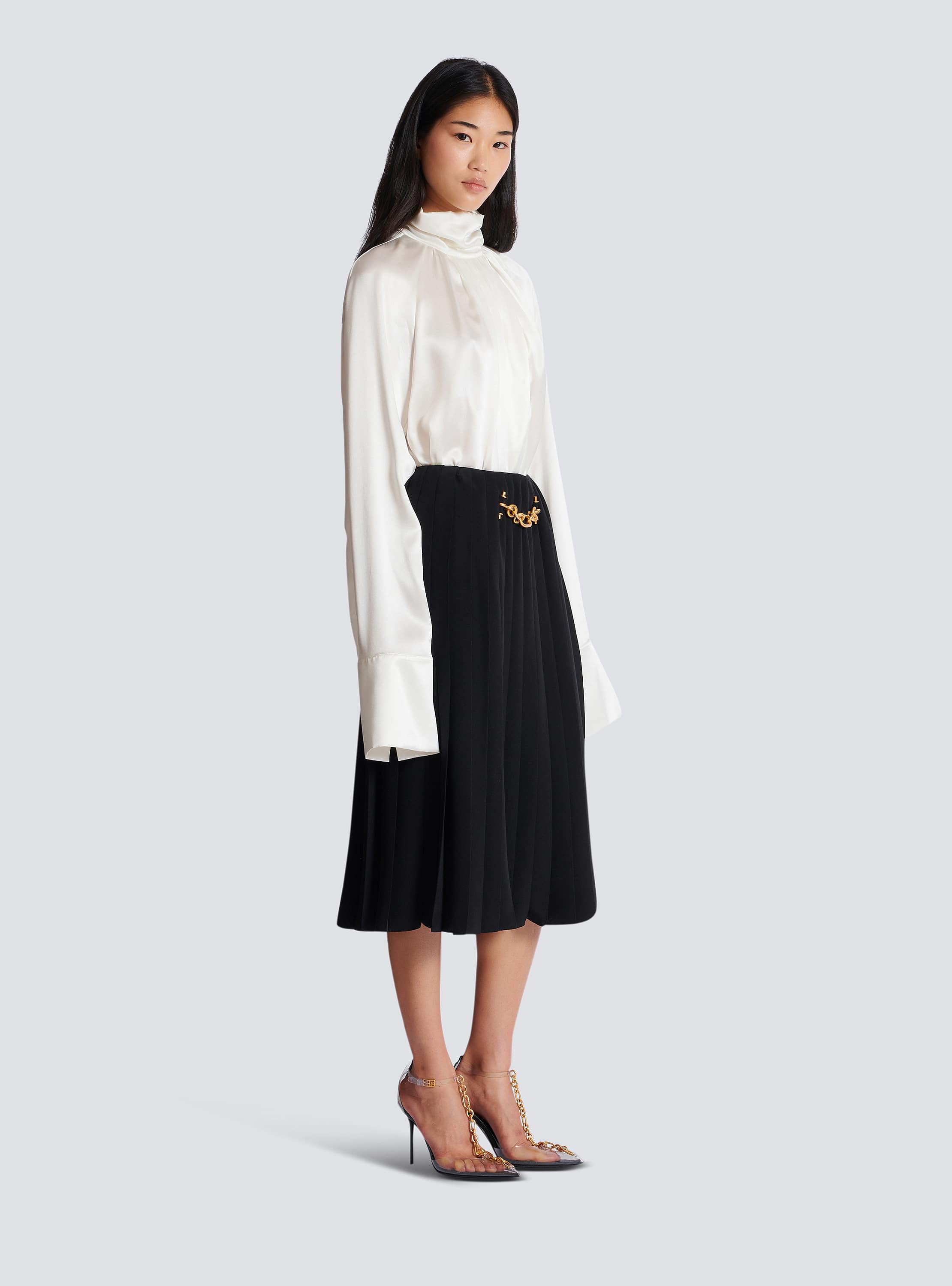 Pleated silk midi skirt with embellished detail