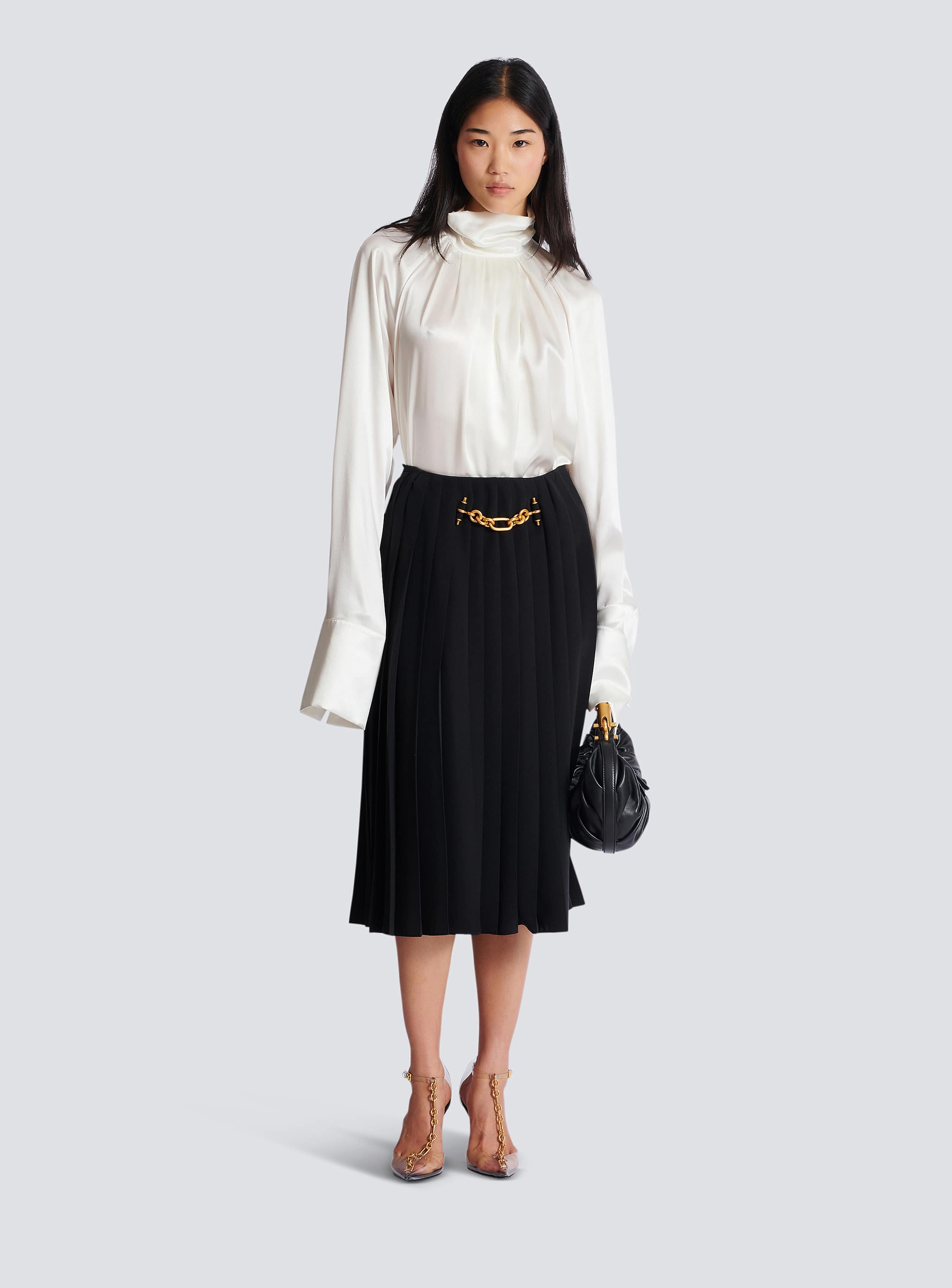 Pleated silk midi skirt with embellished detail