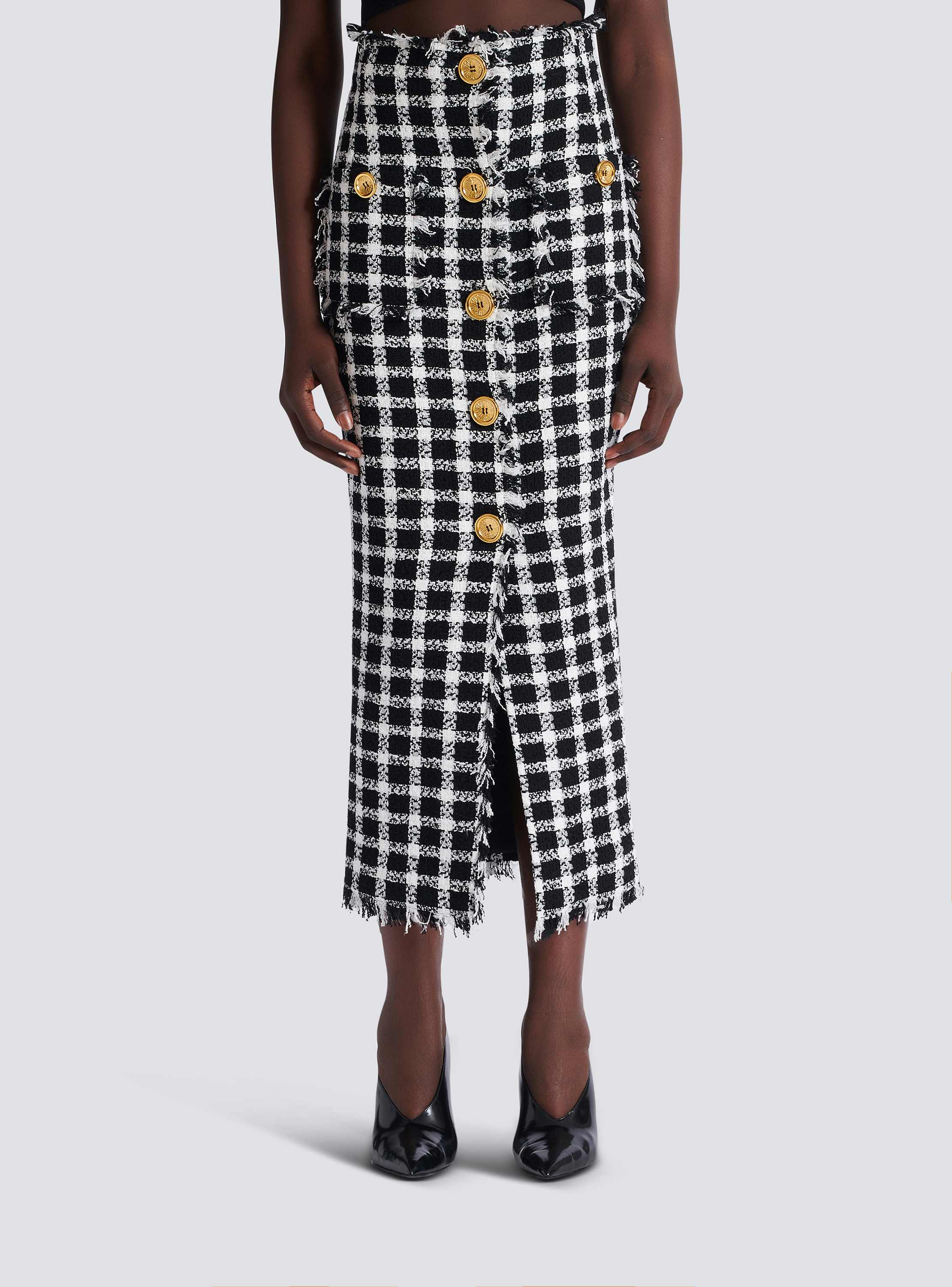 Long gingham tweed skirt