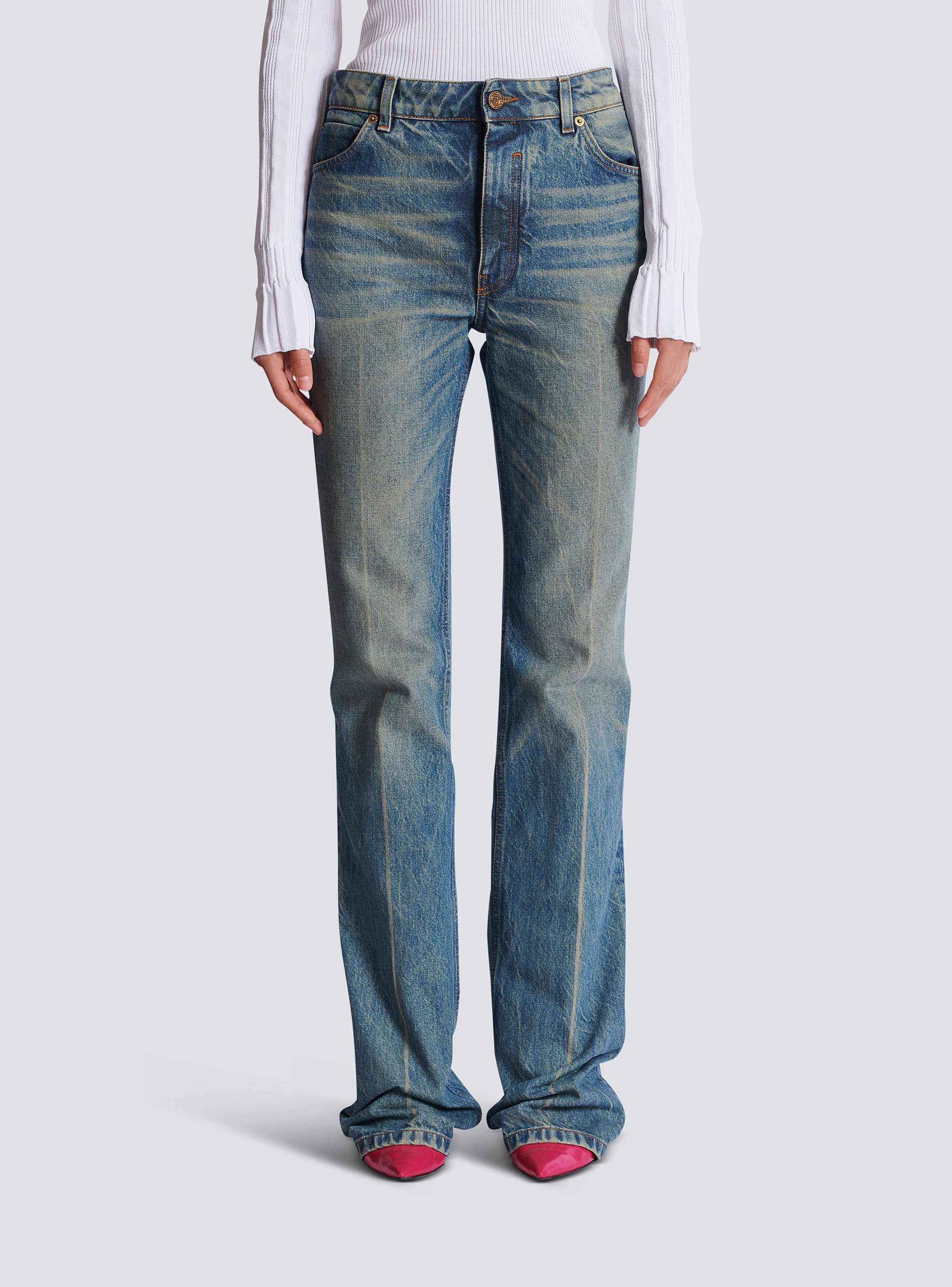 Straight-leg faded denim jeans