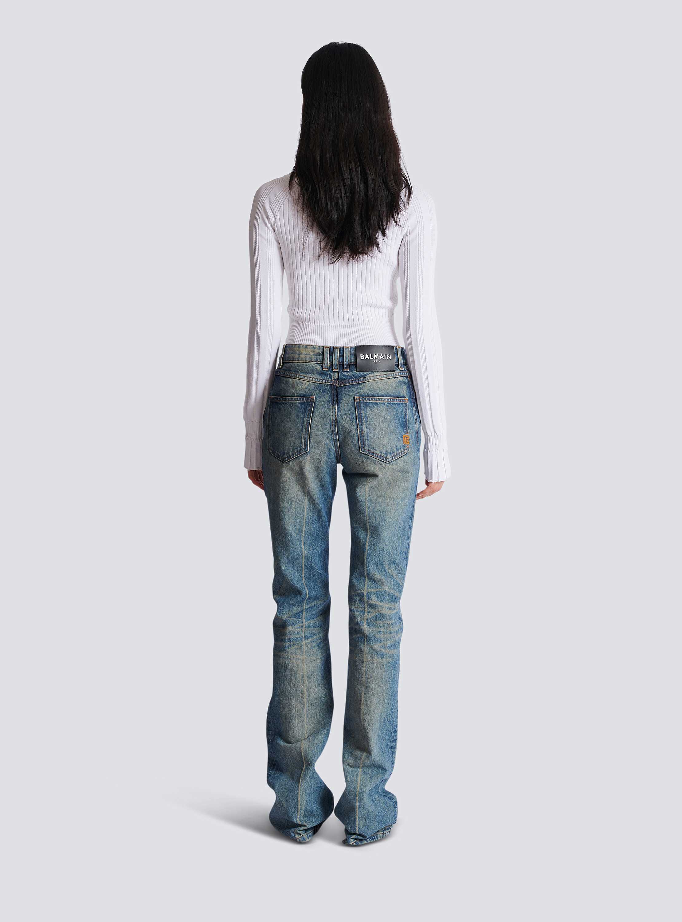 Straight-leg faded denim jeans