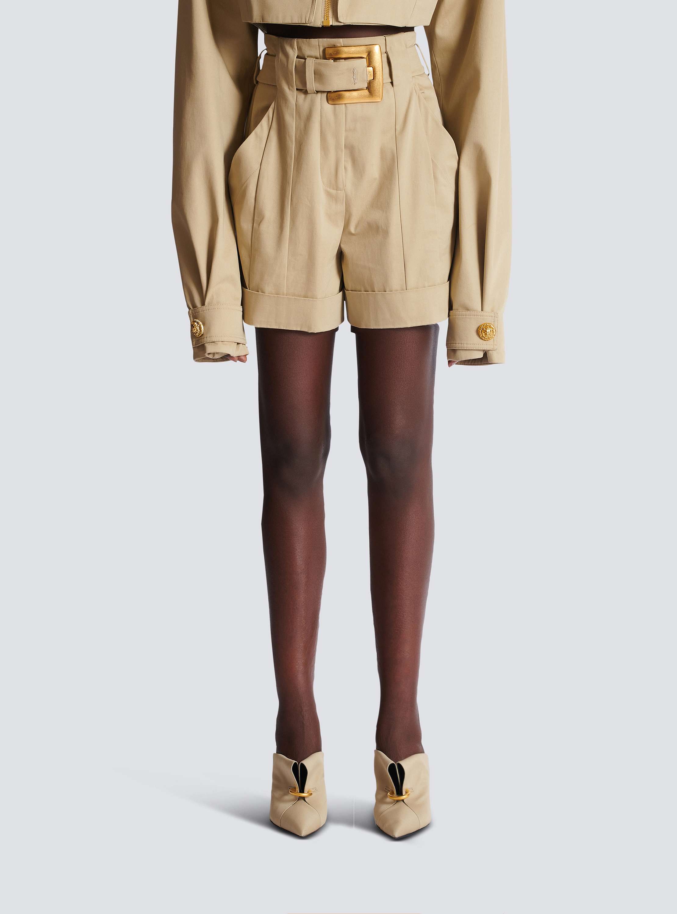 Cotton gabardine shorts with belt