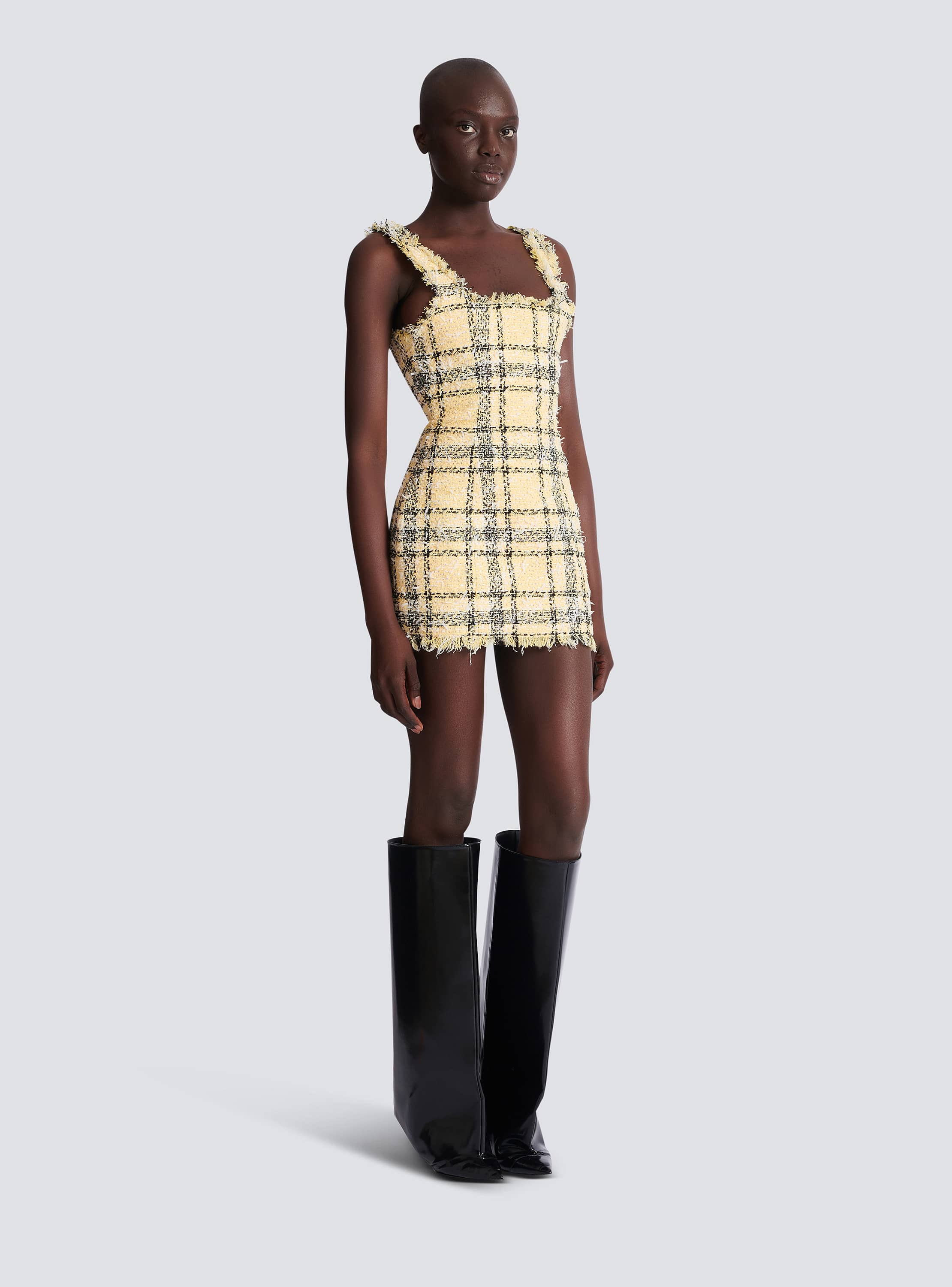 white christmas dresses Balmain Embellished Denim Mini Dress Runway Catalog