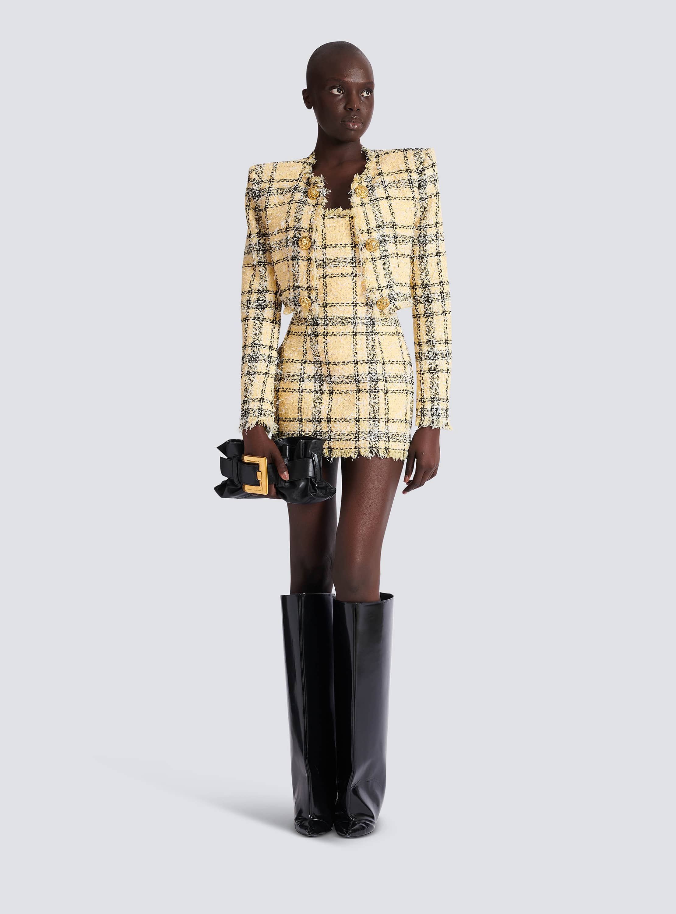 Short strappy dress in glitter tweed