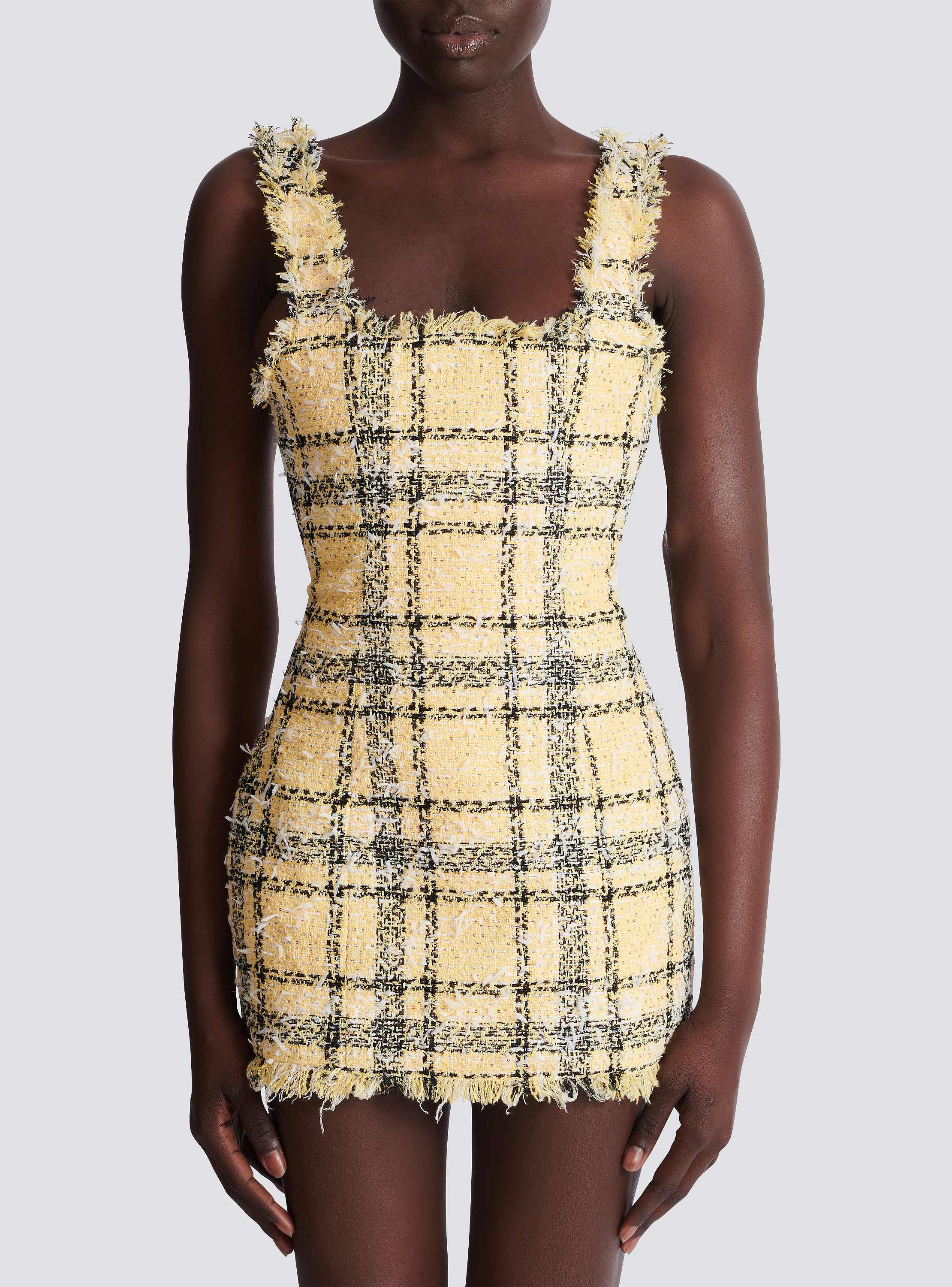Short strappy dress in glitter tweed