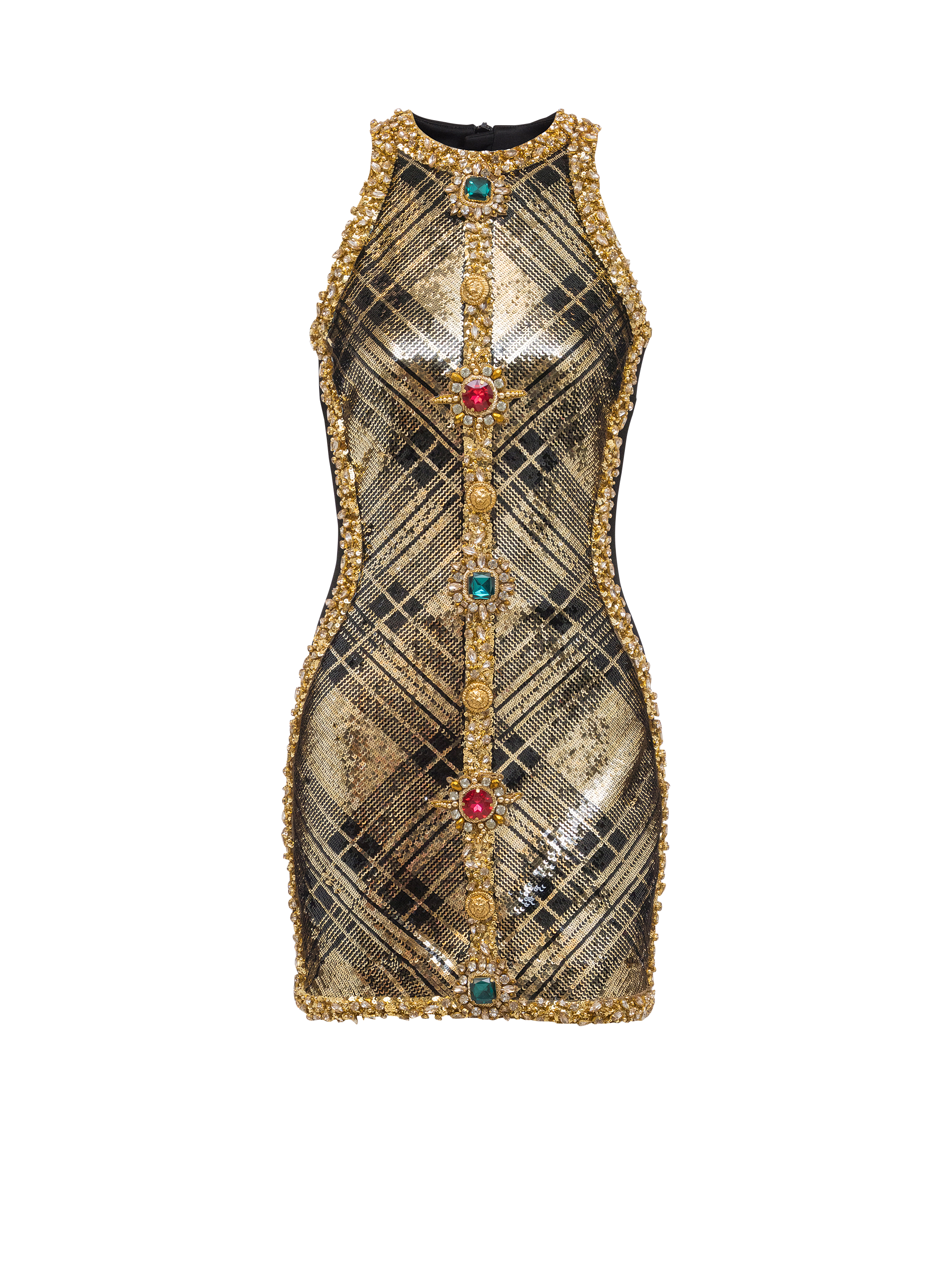 Short sleeveless dress with plaid embroidery