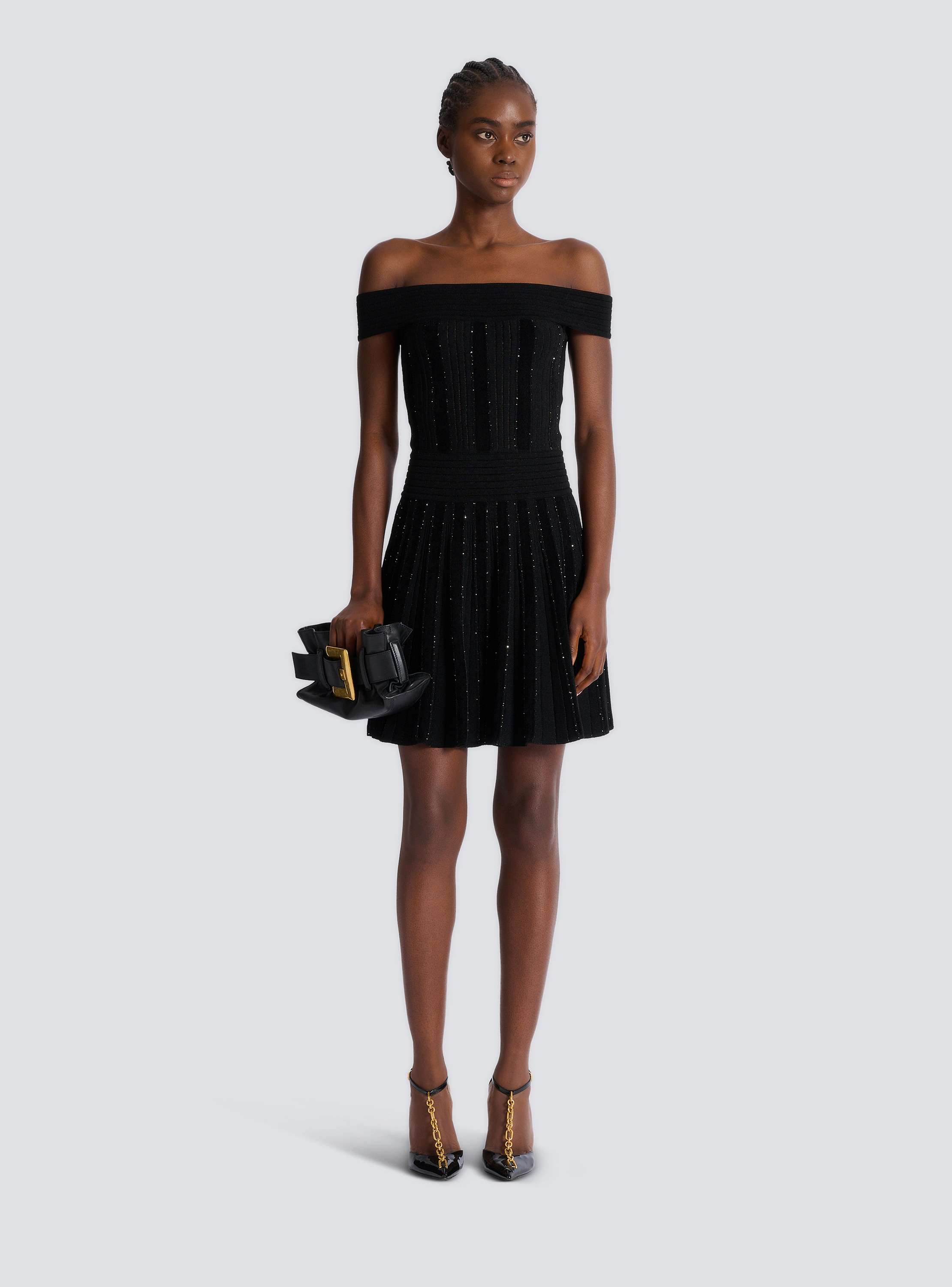 Off-the-shoulder glitter knit dress