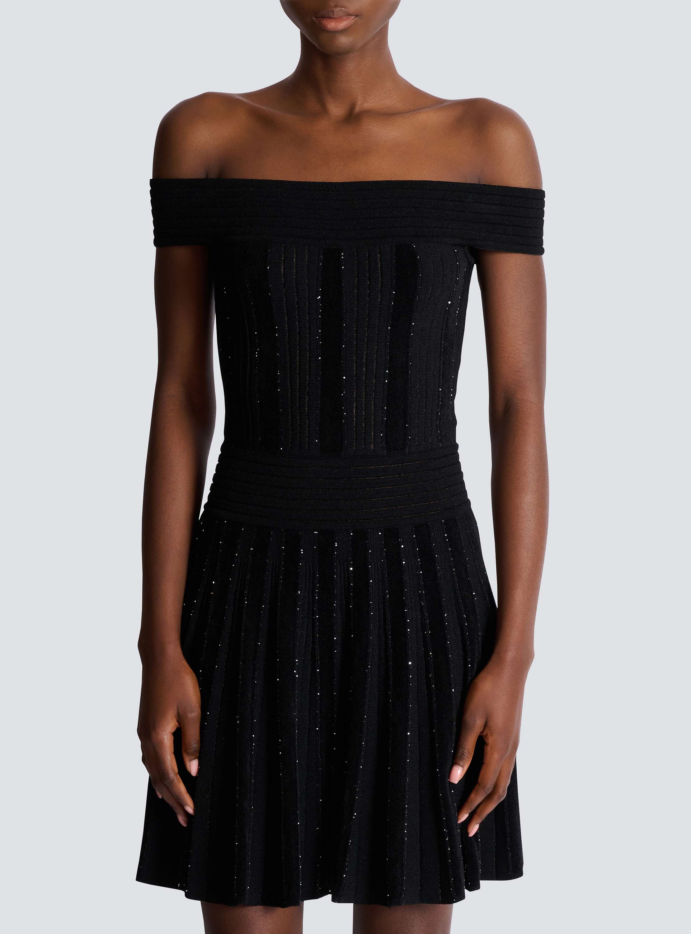 Off-the-shoulder glitter knit dress