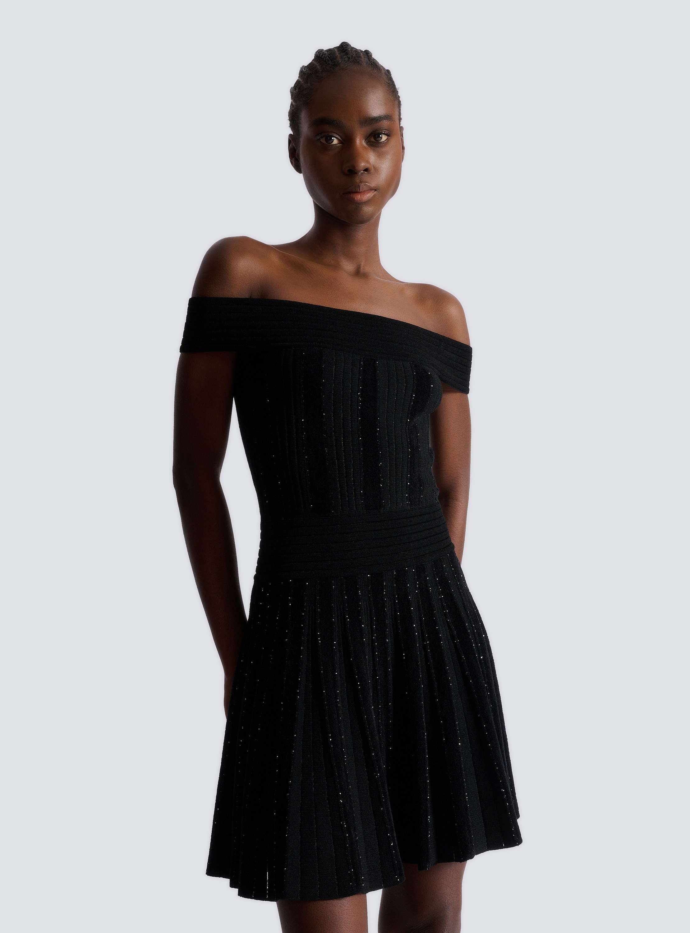 Off-the-shoulder glitter knit dress