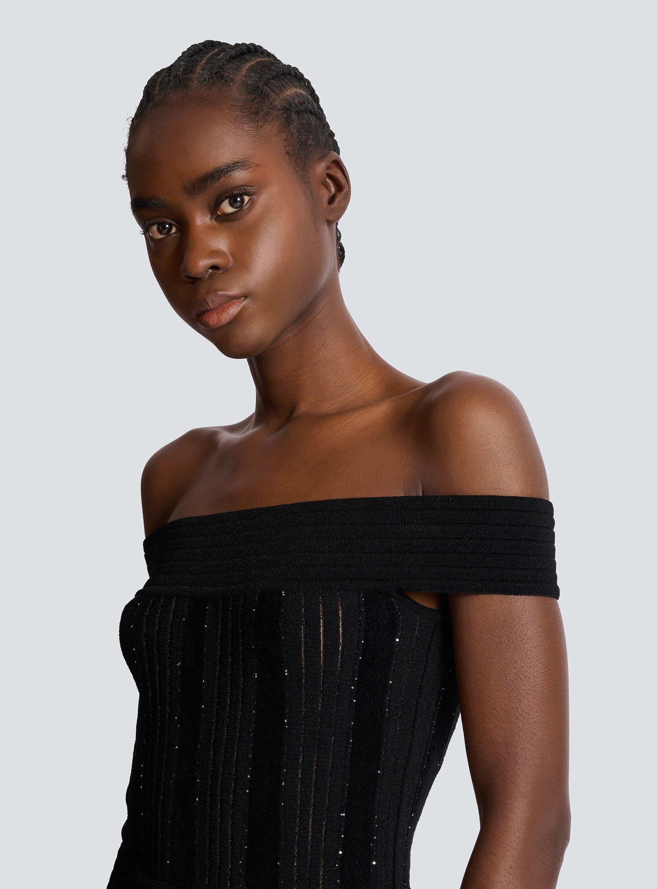 Off-the-shoulder glitter knit dress