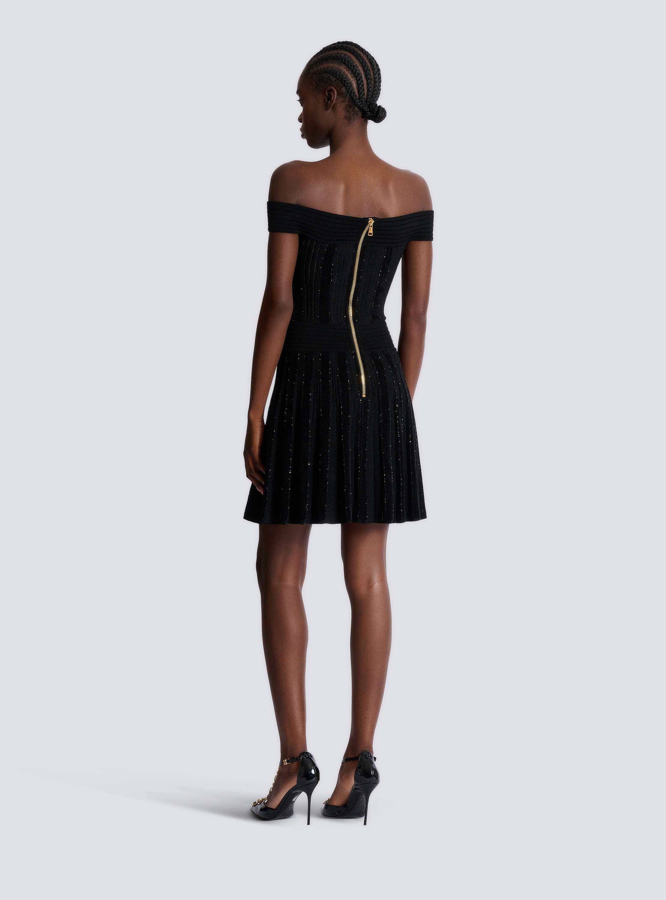 Off-the-shoulder glitter knit dress