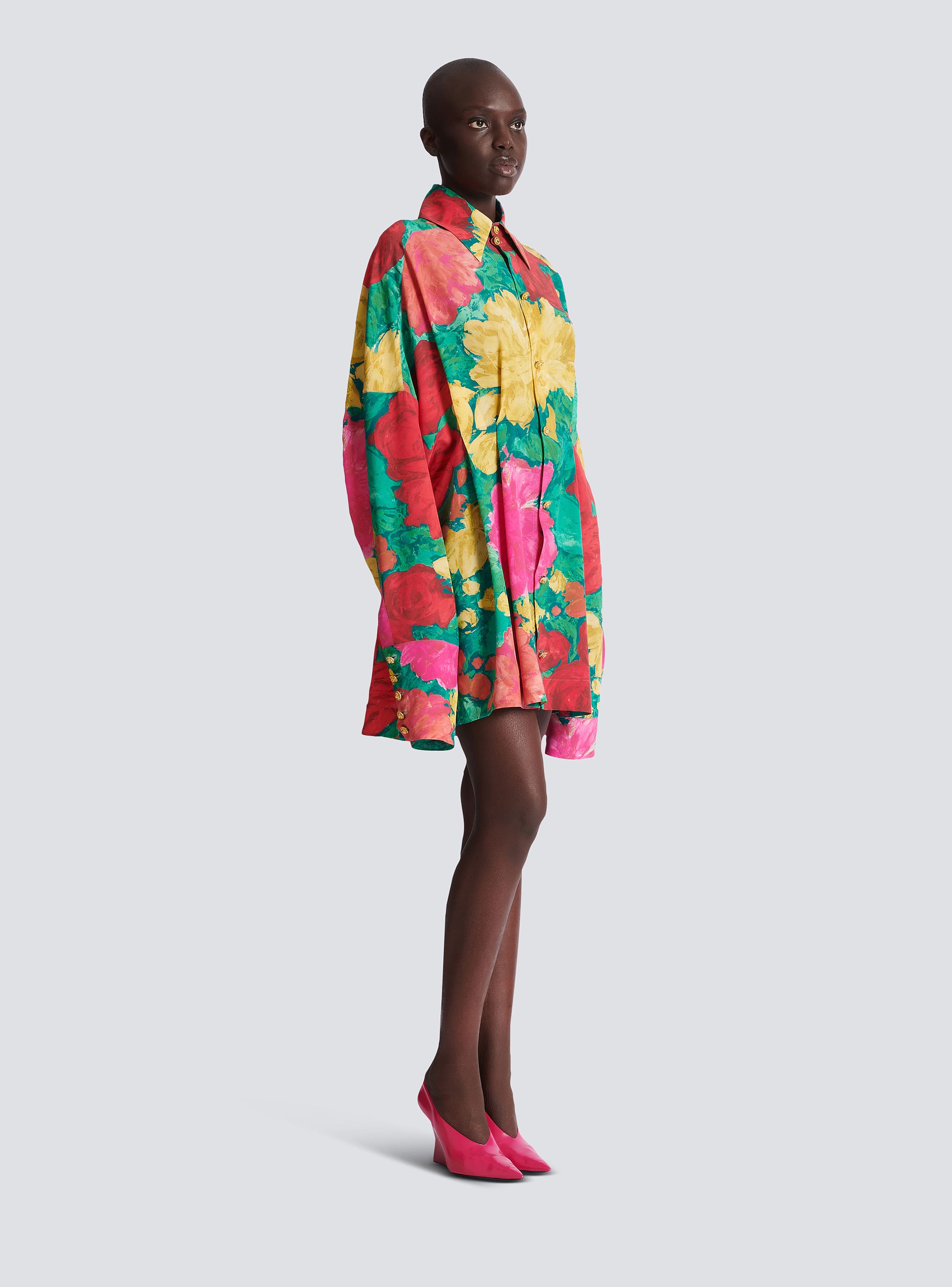 Crepe shirt dress with roses print