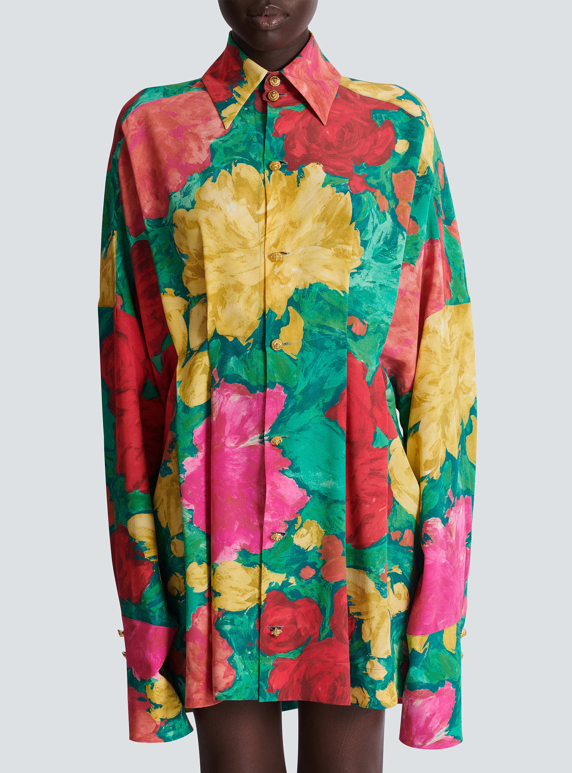 Crepe shirt dress with roses print