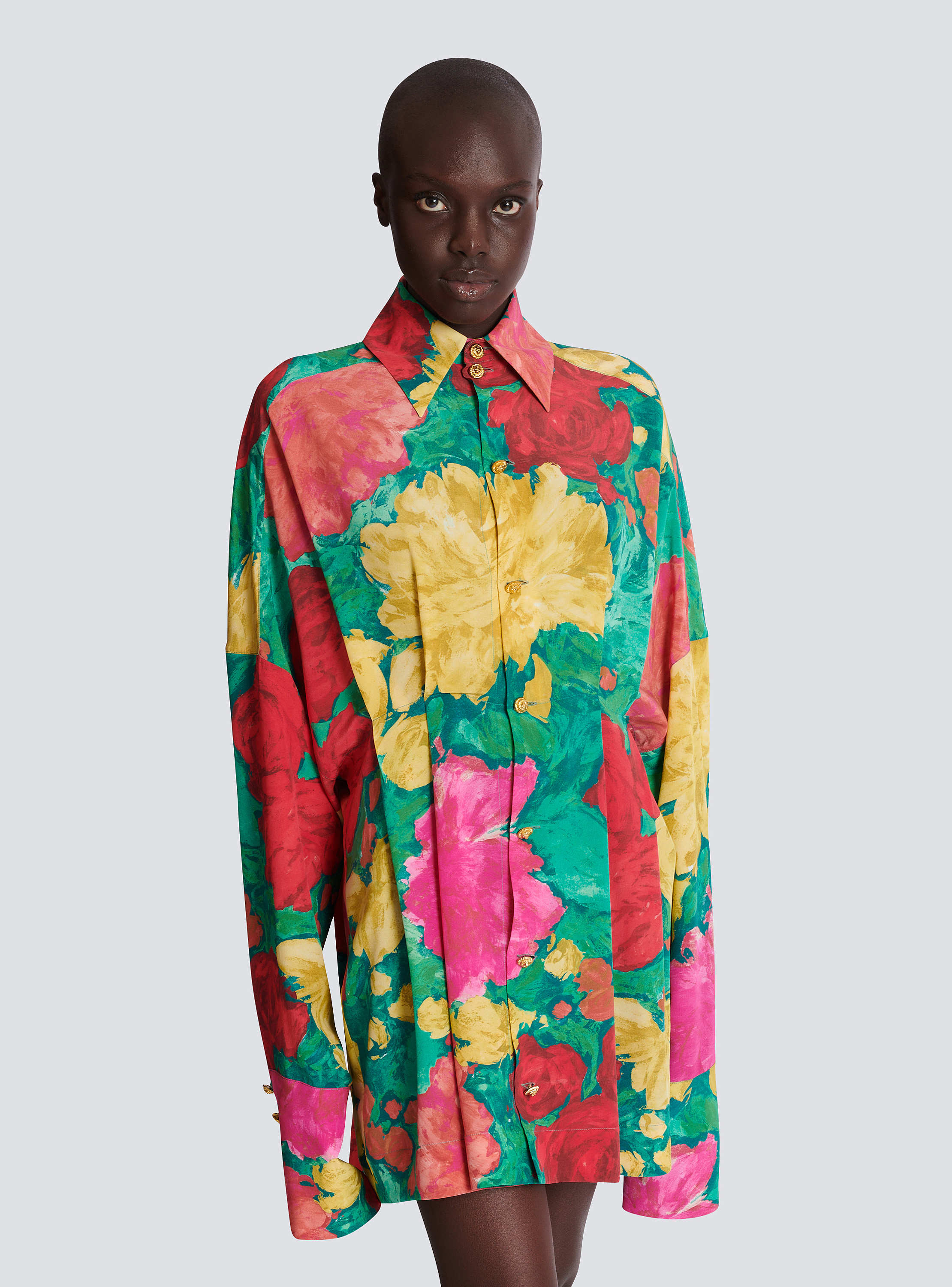 Crepe shirt dress with roses print