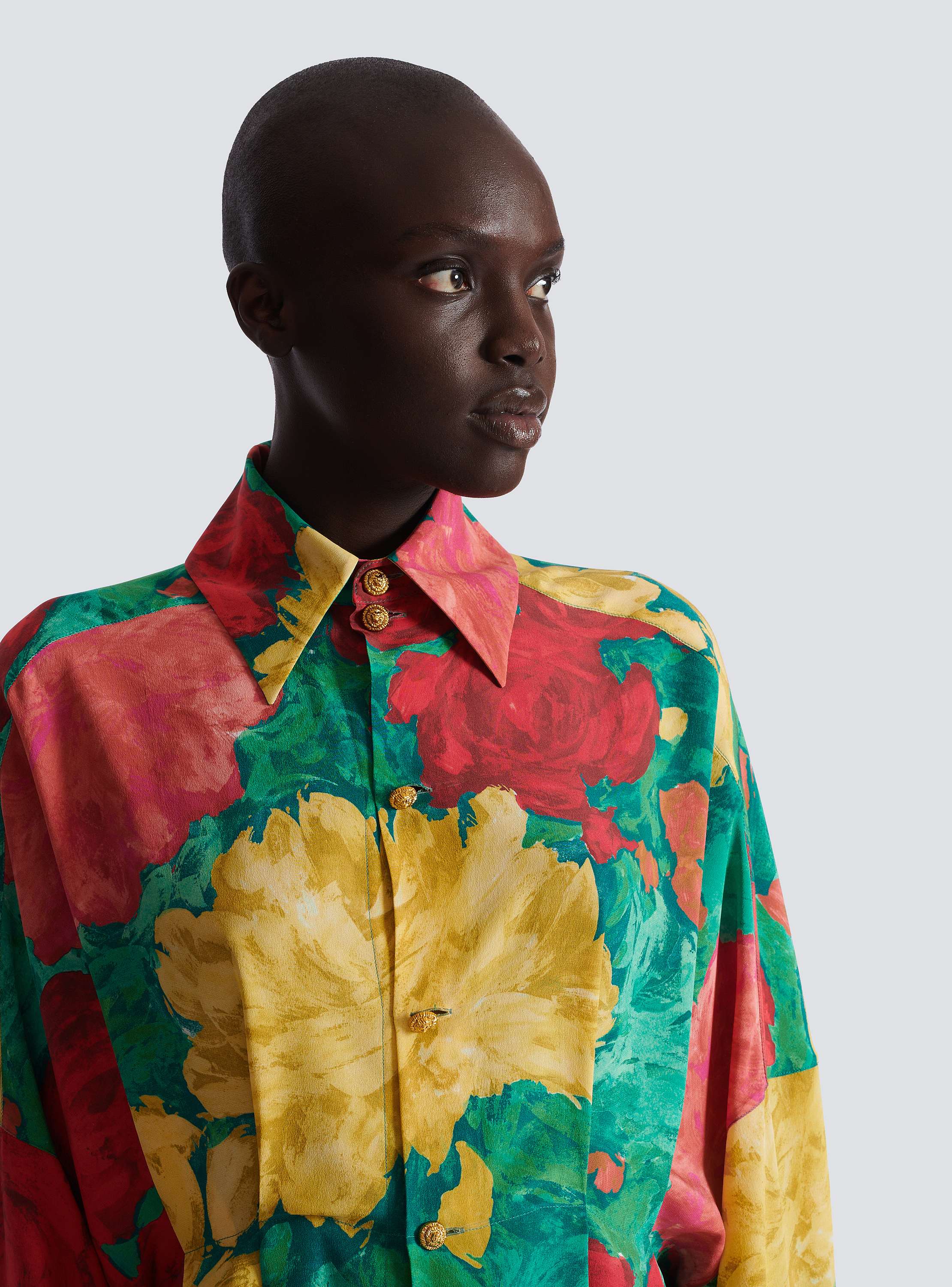 Crepe shirt dress with roses print