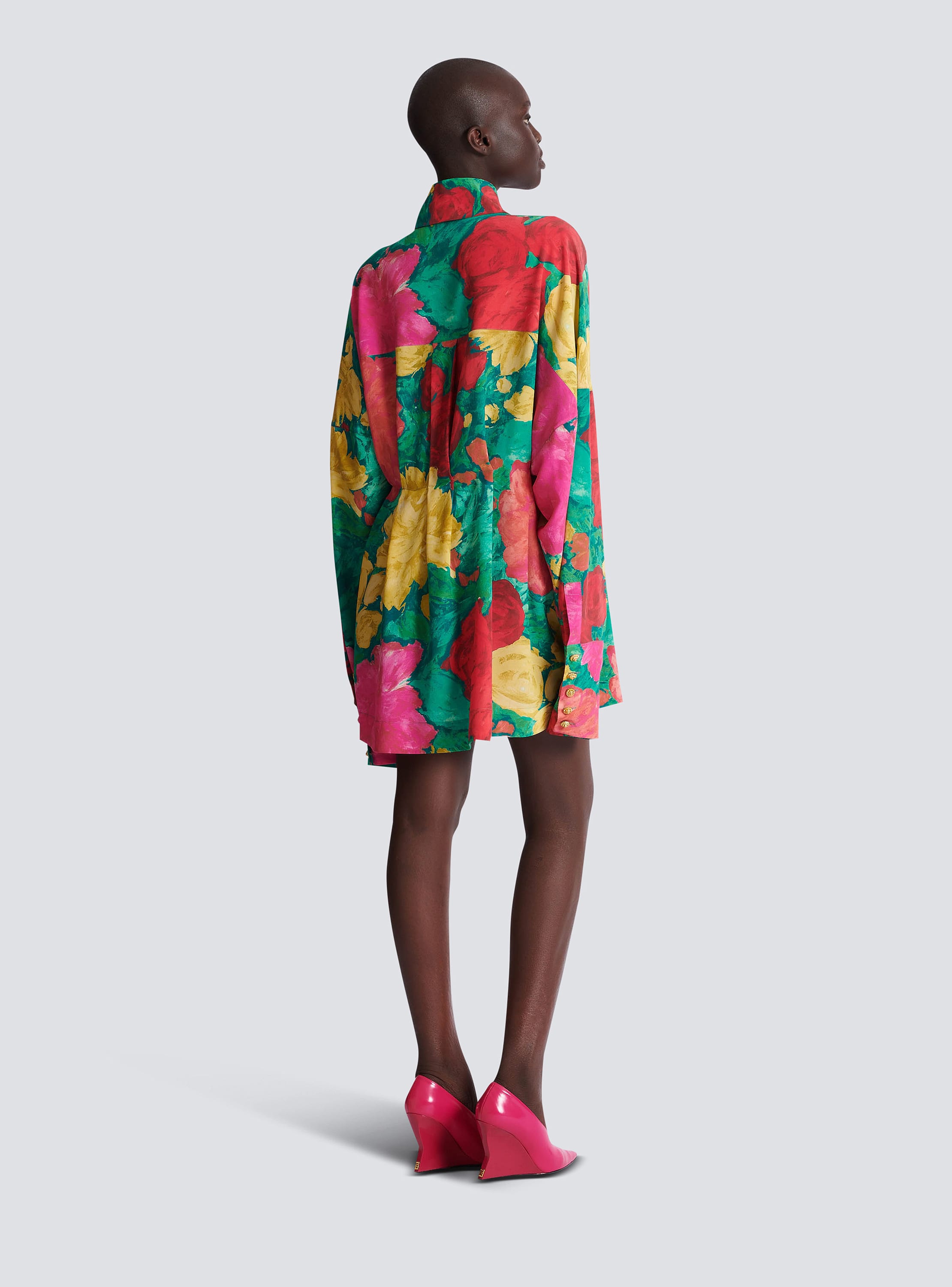 Crepe shirt dress with roses print