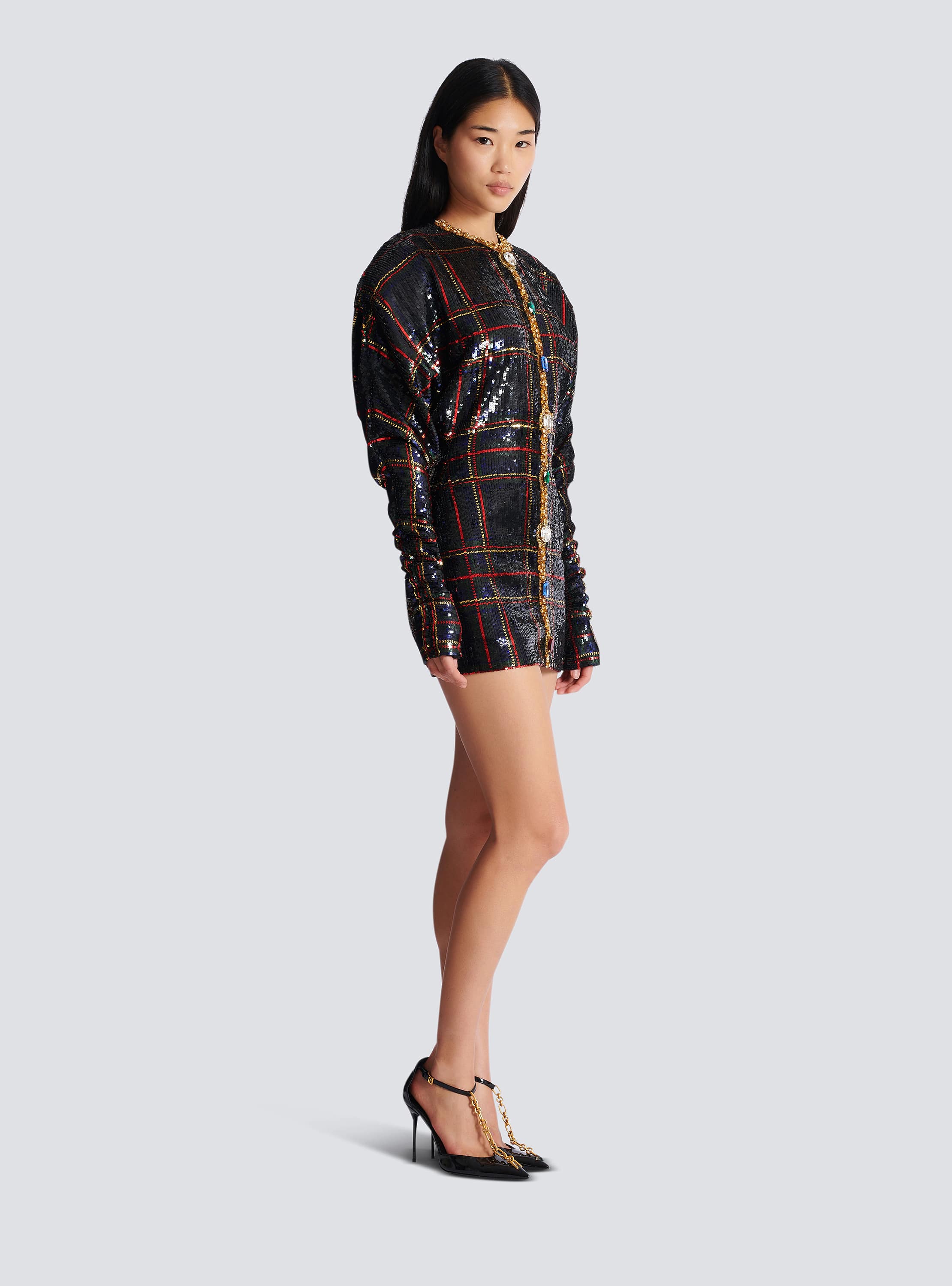 Short embroidered plaid dress