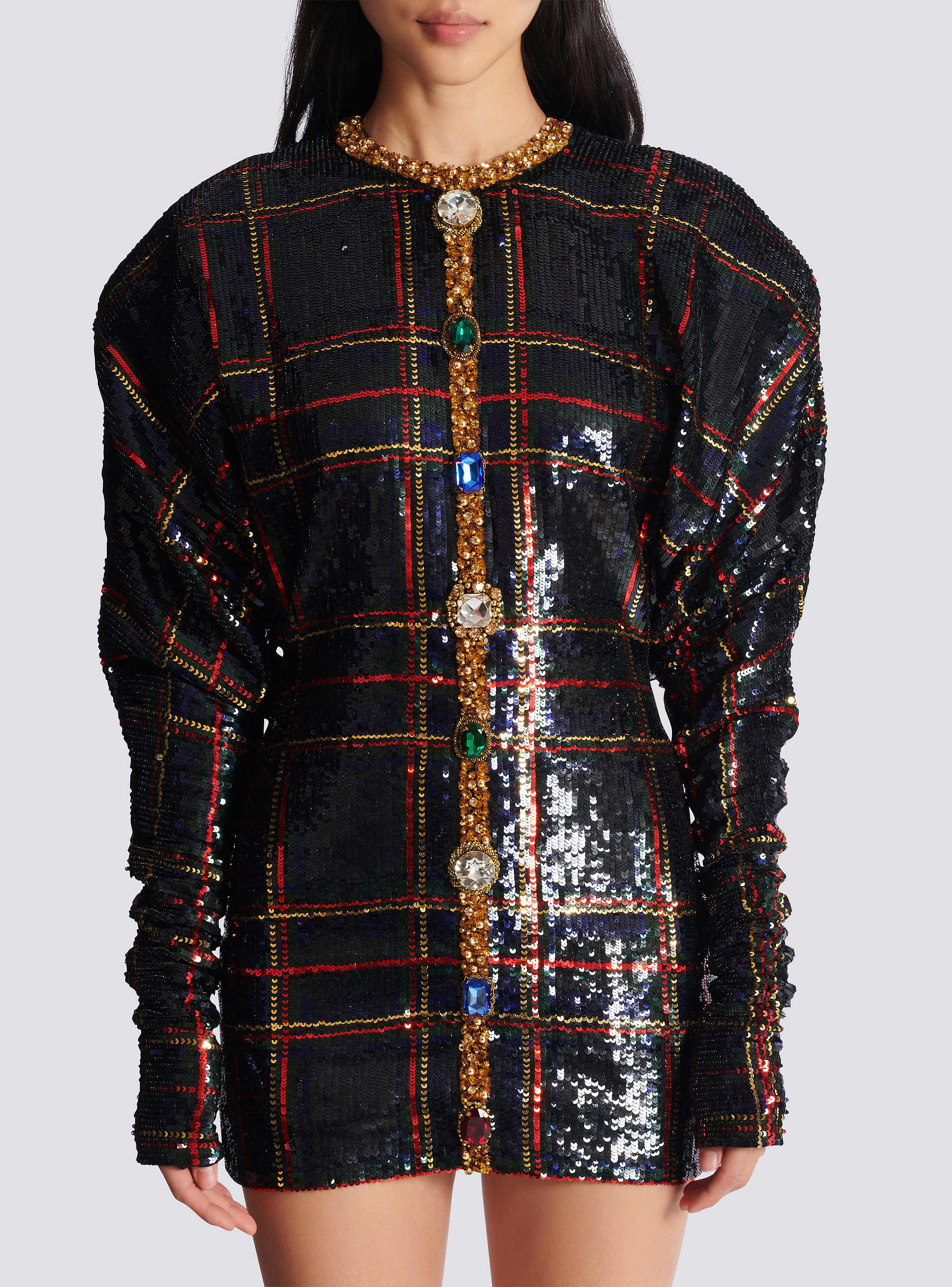 Short embroidered plaid dress