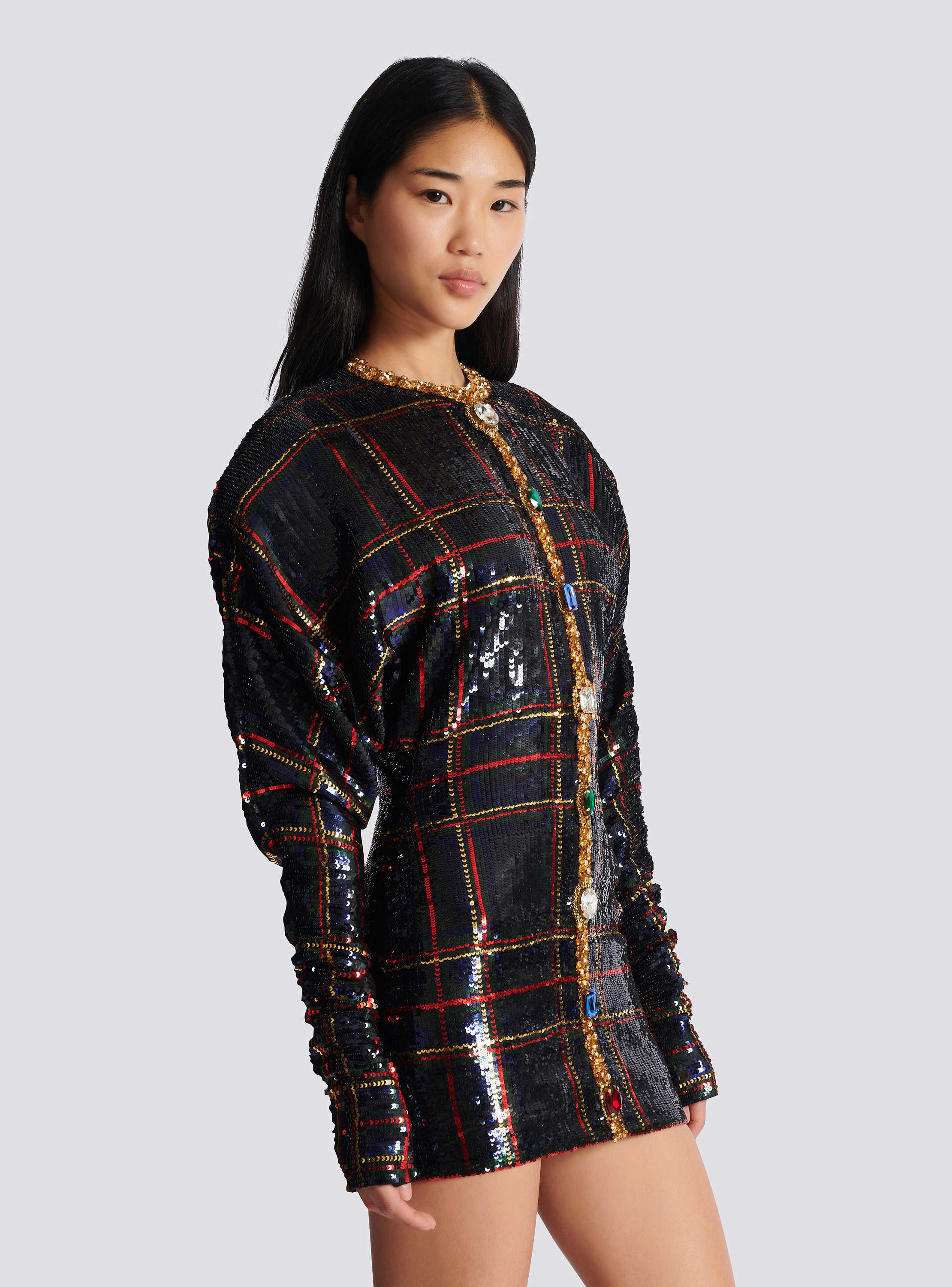 Short embroidered plaid dress