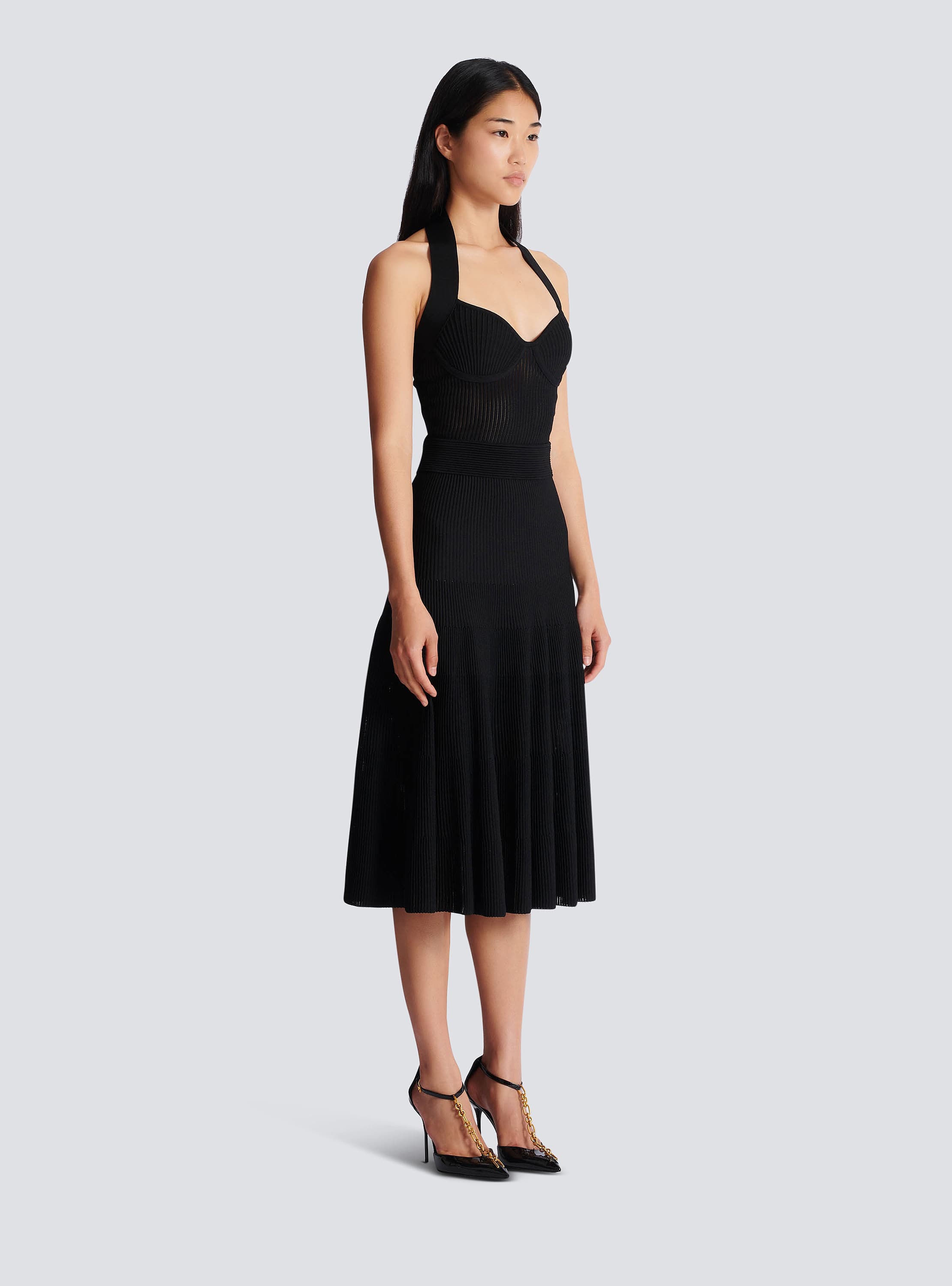 Halterneck pleated knit midi dress