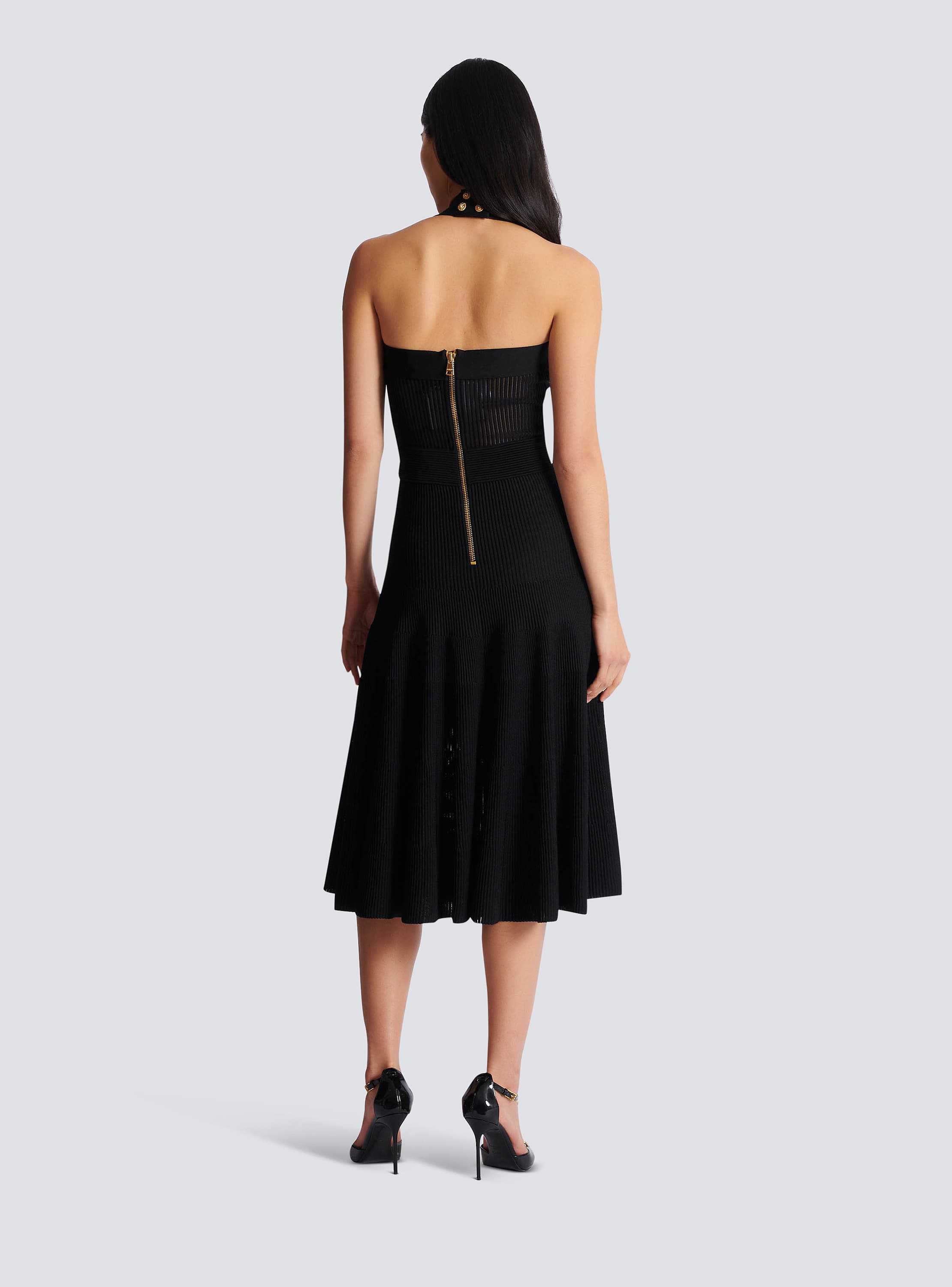 Halterneck pleated knit midi dress
