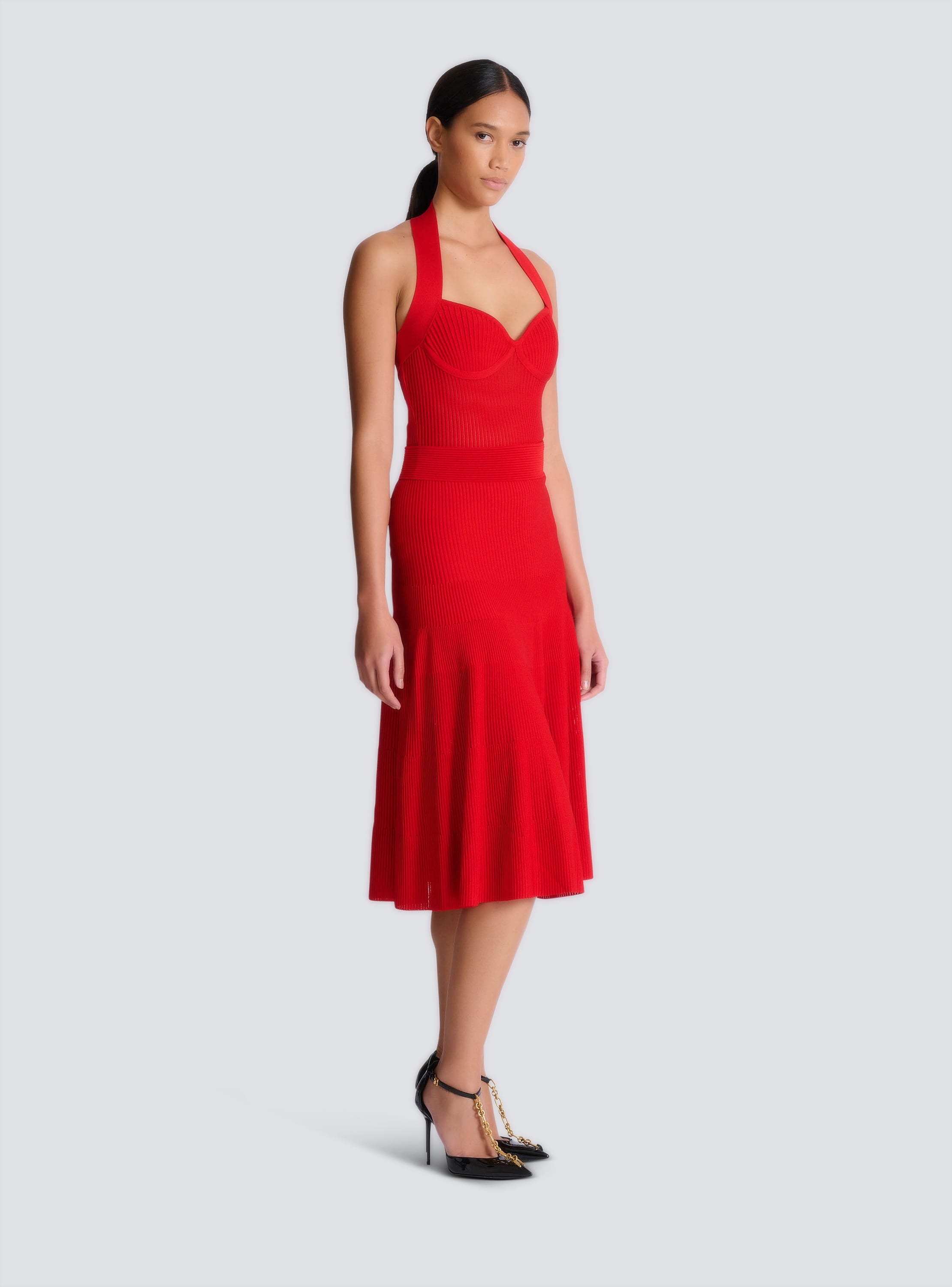 Halterneck pleated knit midi dress