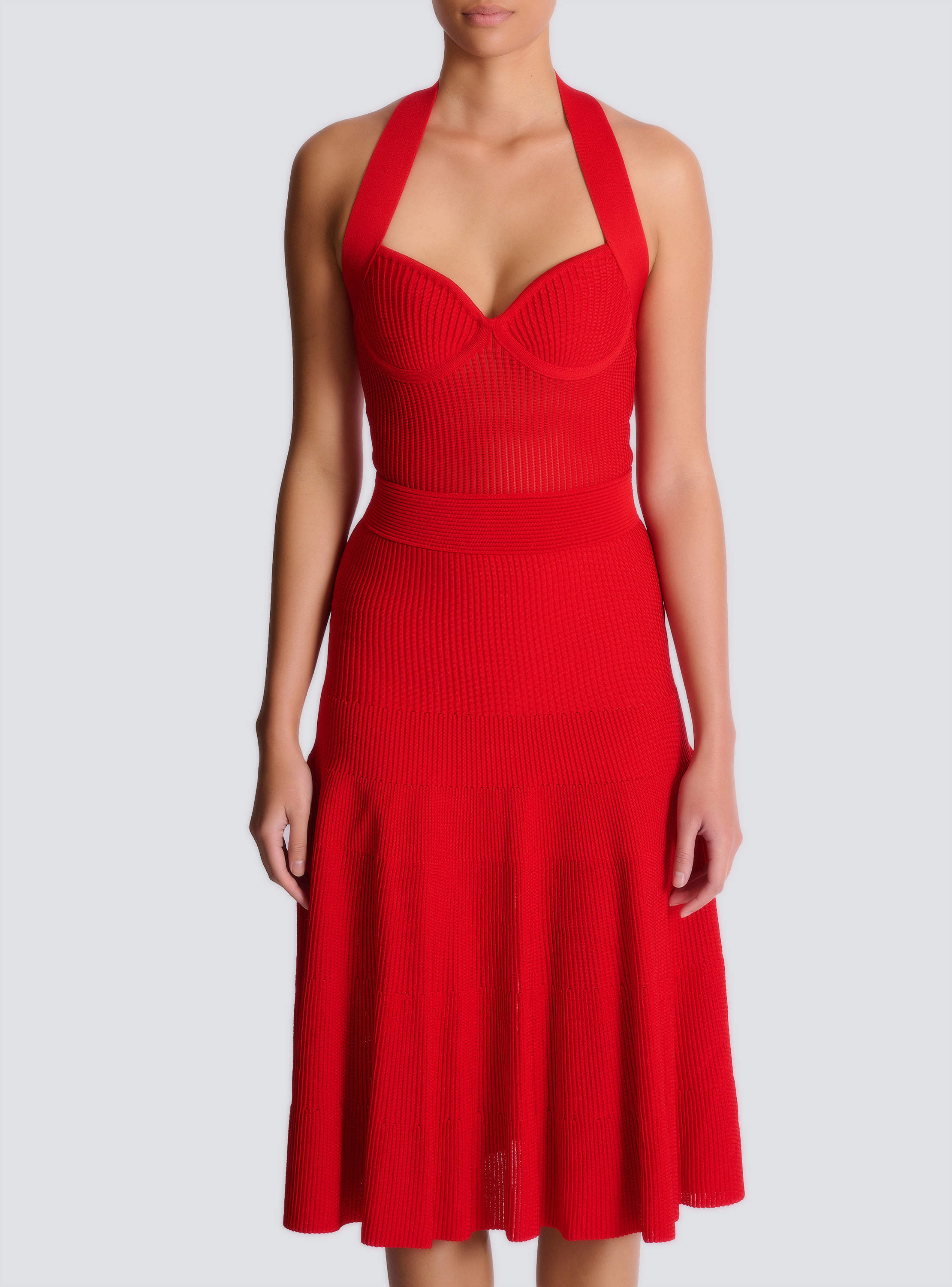 Halterneck pleated knit midi dress